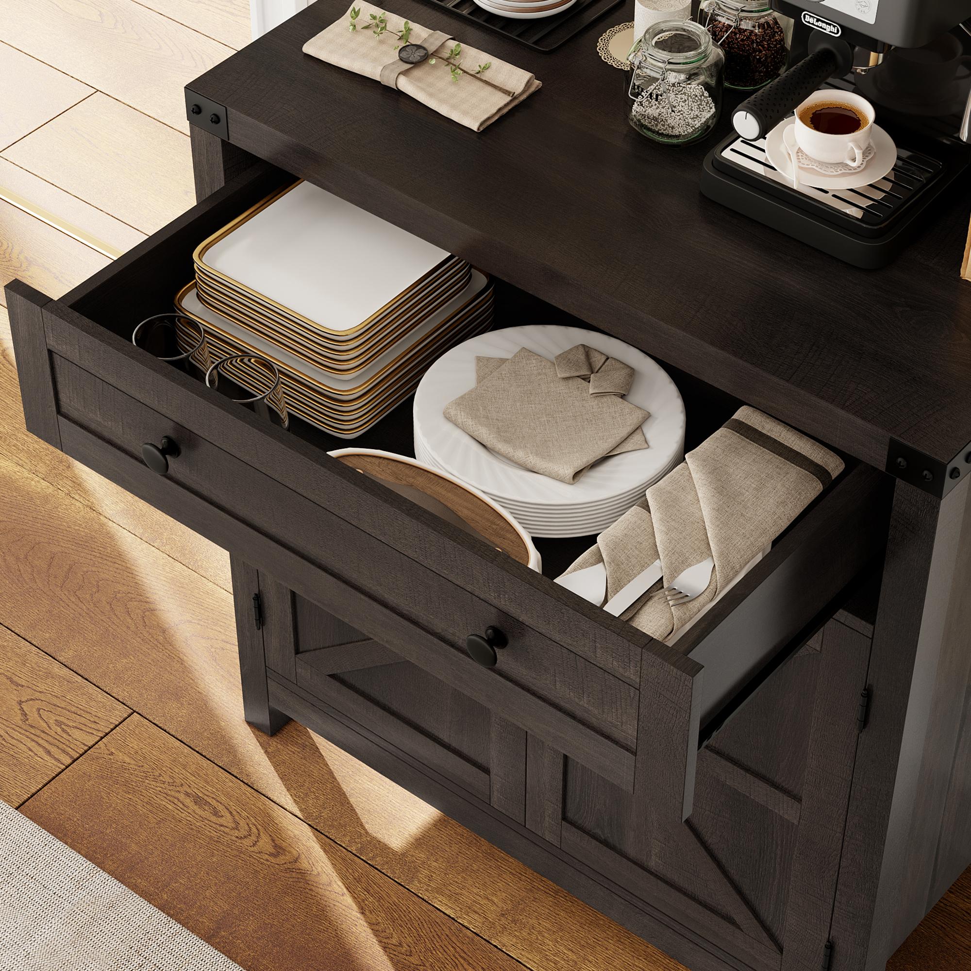 HOSTACK Coffee Bar Cabinet, Storage Cabinet, Modern Buffet Sideboard with Drawer and Adjustable Shelf, Barn Door Accent Cabinet