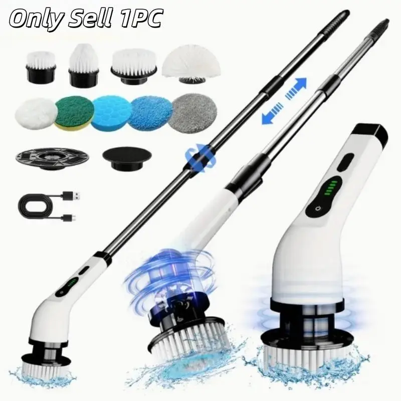 Electric Spin Scrubber, Cordless Shower Scrubber with IPX7 Waterproof, Electric Cleaning Brush, Multi-Surface Use, Long Battery Life, 5 Adjustable Speed &3 Extendable Handle, 9 Replaceable Brush Heads, Multi-Purpose Cleaning Kit for Bathroom & Kitchen