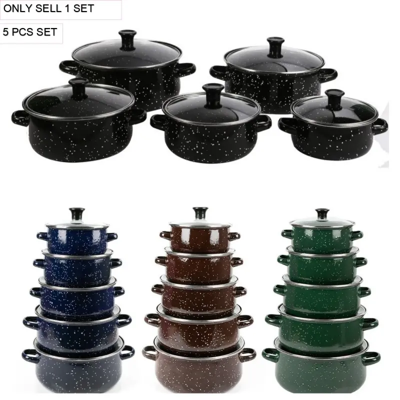tylish Black Dimpled Enamel 5-Piece Cookware Set, Cooking Pots Set, Equipped with Sturdy Thickened Glass Lid, Enamel Stew Pot, Heat Evenly Non-toxic Cooking Vessel for Stew, Braise & Soup, Practical Kitchen Supply for Family Daily Use