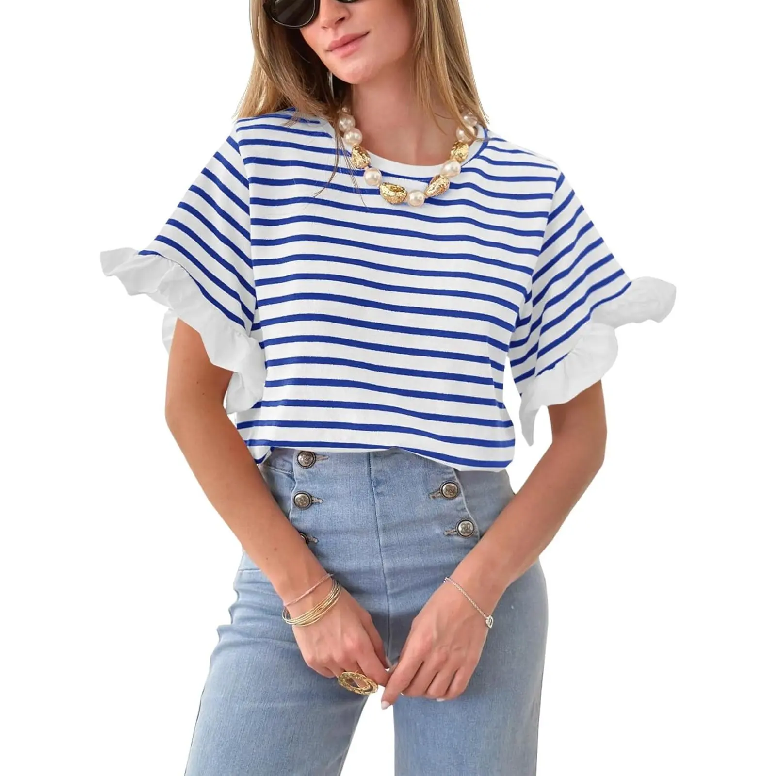 Women's Fitted Striped T-Shirt, Casual Crewneck Top with Ruffle Shortsleeve for Summer Outfits, Crew Neck, Fitted Cut, Tshirt