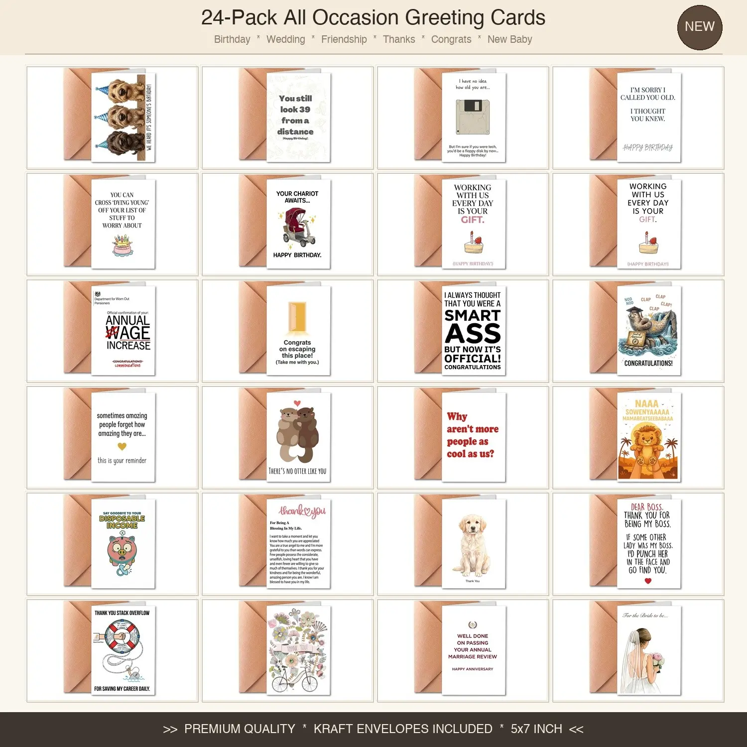 All Occasion Greeting Cards 24 Pack with Envelopes – Birthday Thank You Congrats New Baby Wedding Cards for Family Friends, Blank Inside