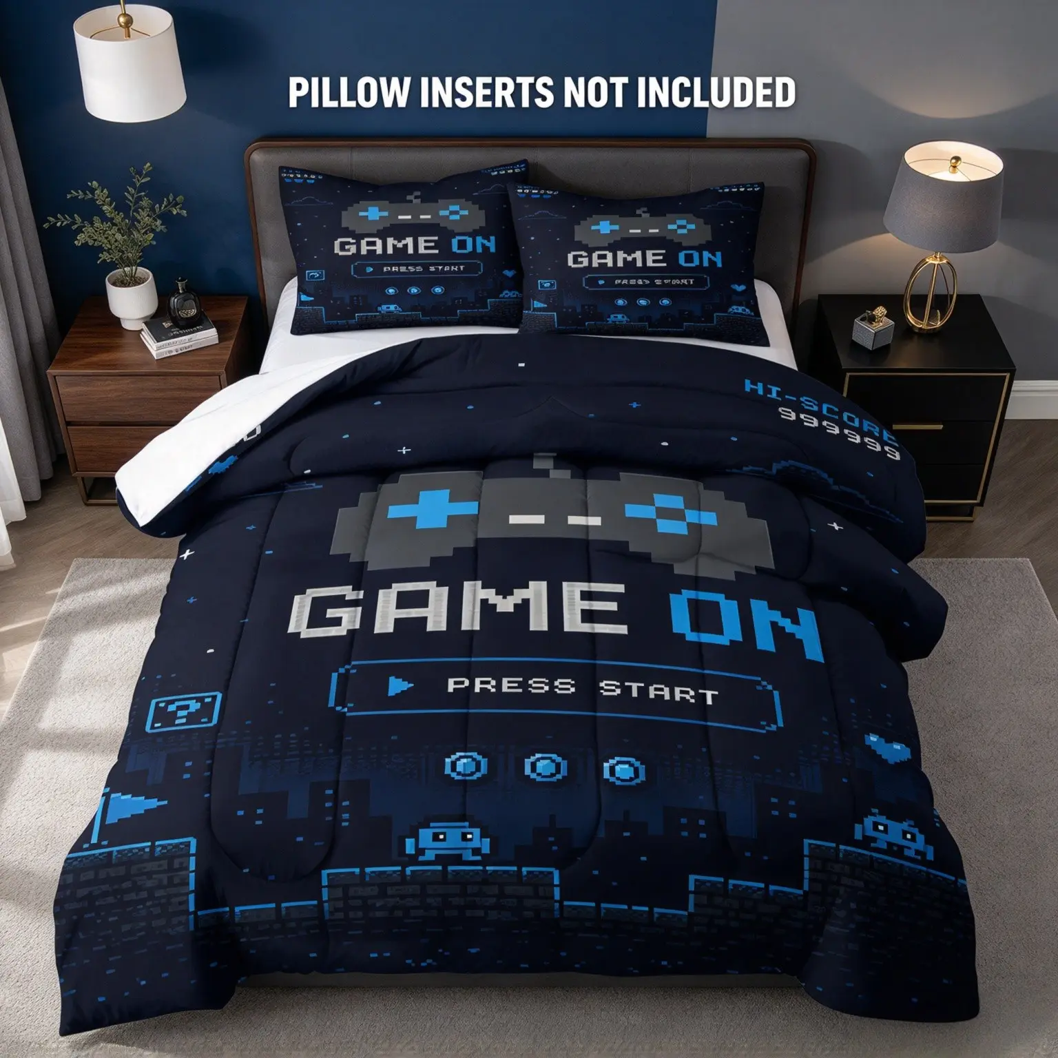 Pixel Game Controller Print Comforter Set, 1 Comforter and 2 Pillowcases, No Pillow Inserts. Soft Lightweight Microfiber, Cozy and Warm, Great For Teens, Adults and Gamers’ Bedroom Decor