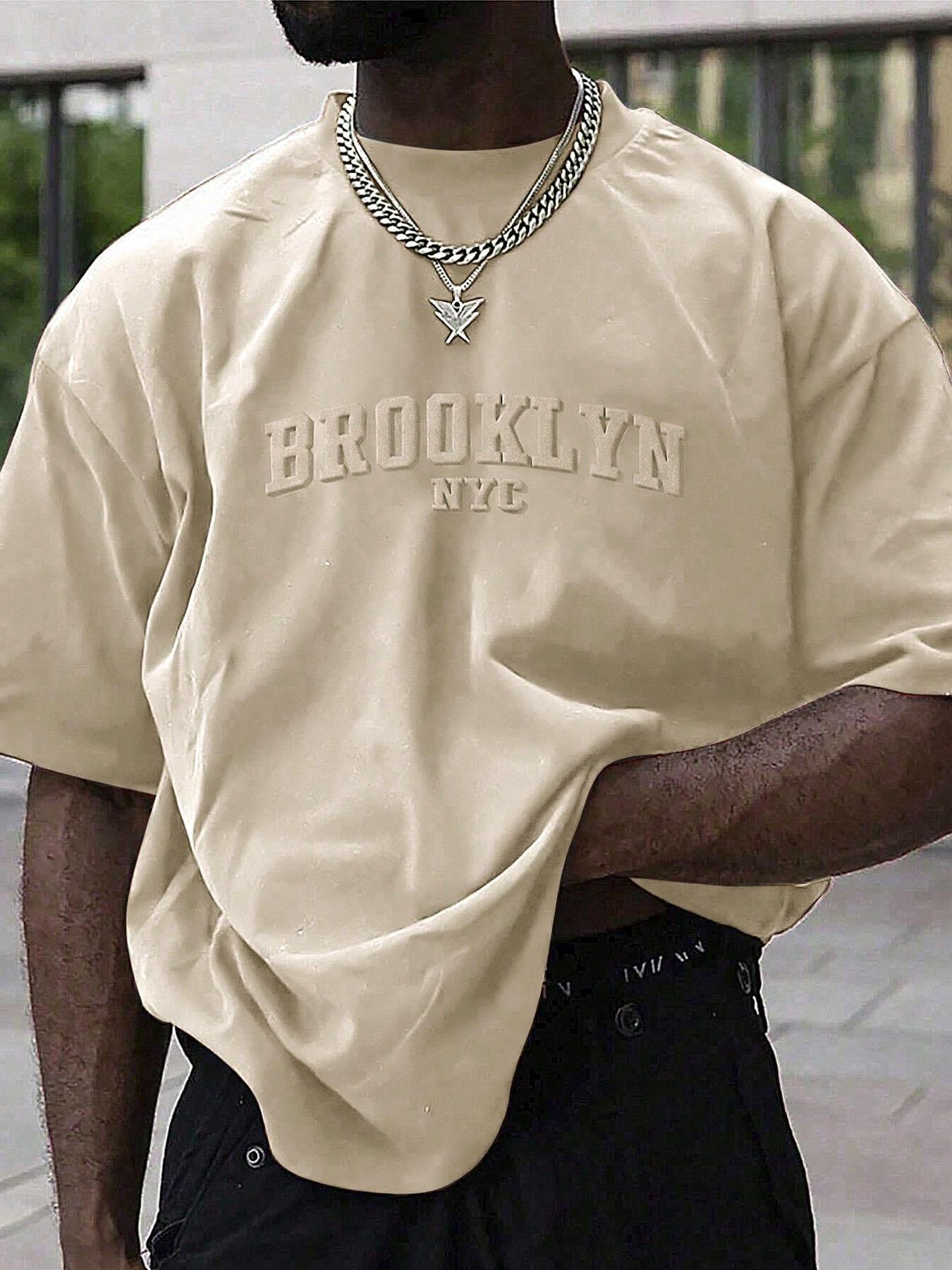 Men's Plain Letter Embossed  Drop Shoulder Tee, Regular Fit Casual Short Sleeve Round Neck T-shirt for Summer, Fashion Men's Top for Daily Wear