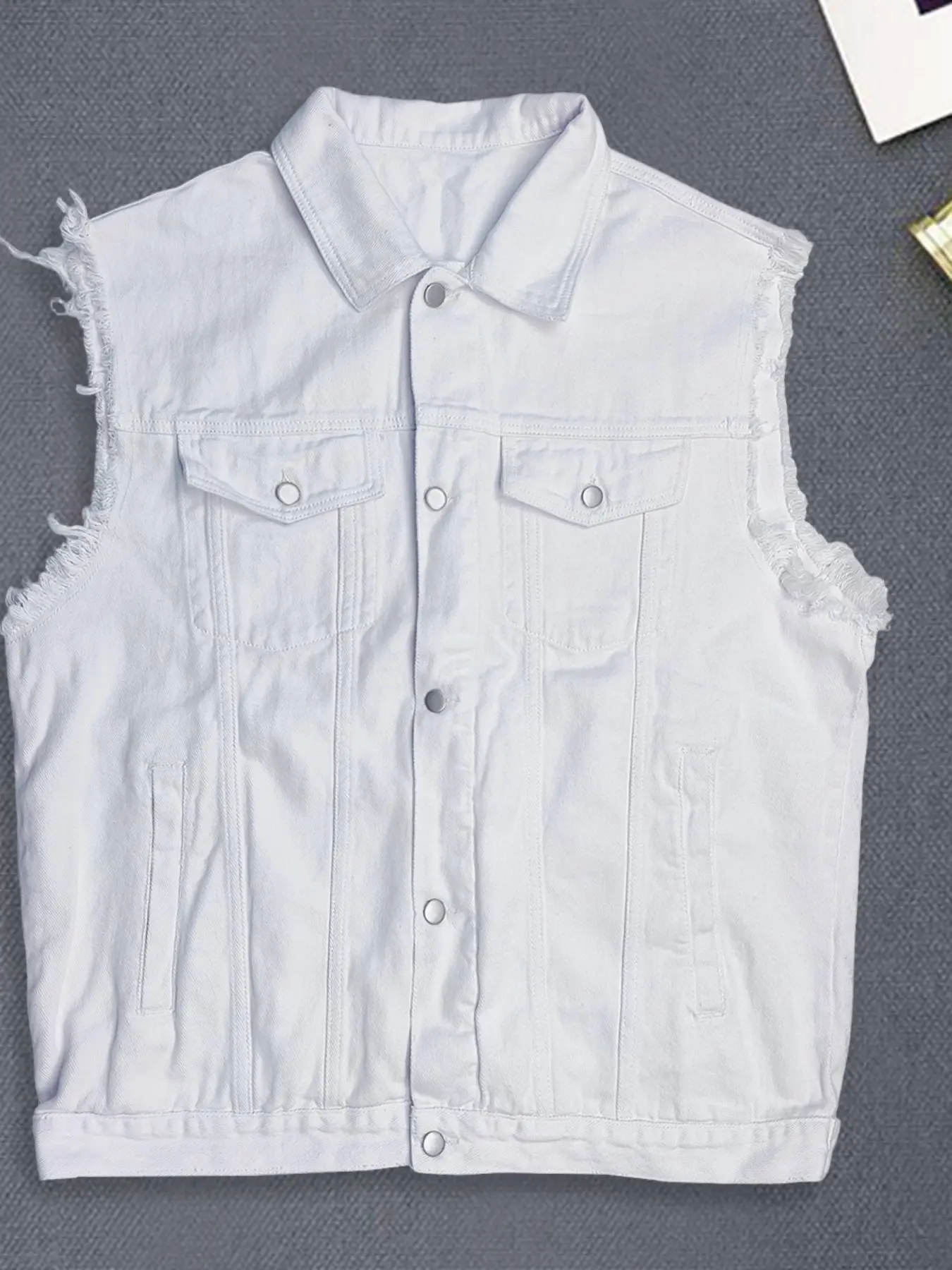 Men's Plus Size Denim Vest, Frayed Raw Edge Sleeveless, Button Pockets, Streetwear Denim Waistcoat, Daily, Spring Autumn