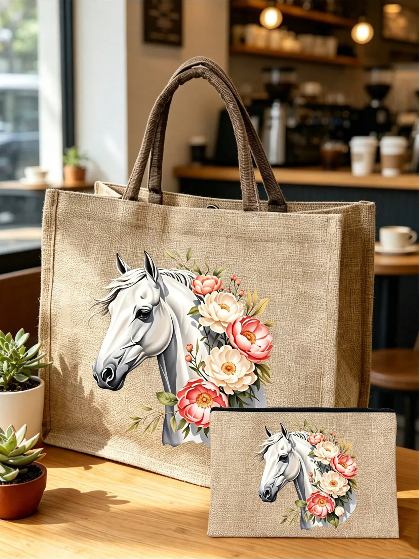 Watercolor Horse Print Linen Tote Bag Set with Matching Coin Purse, Large Capacity Casual Shoulder Handbag, Portable Travel Cosmetic Bag Beach Wash Bag for Commute Shopping Travel, Valentine New Year Gift for Women