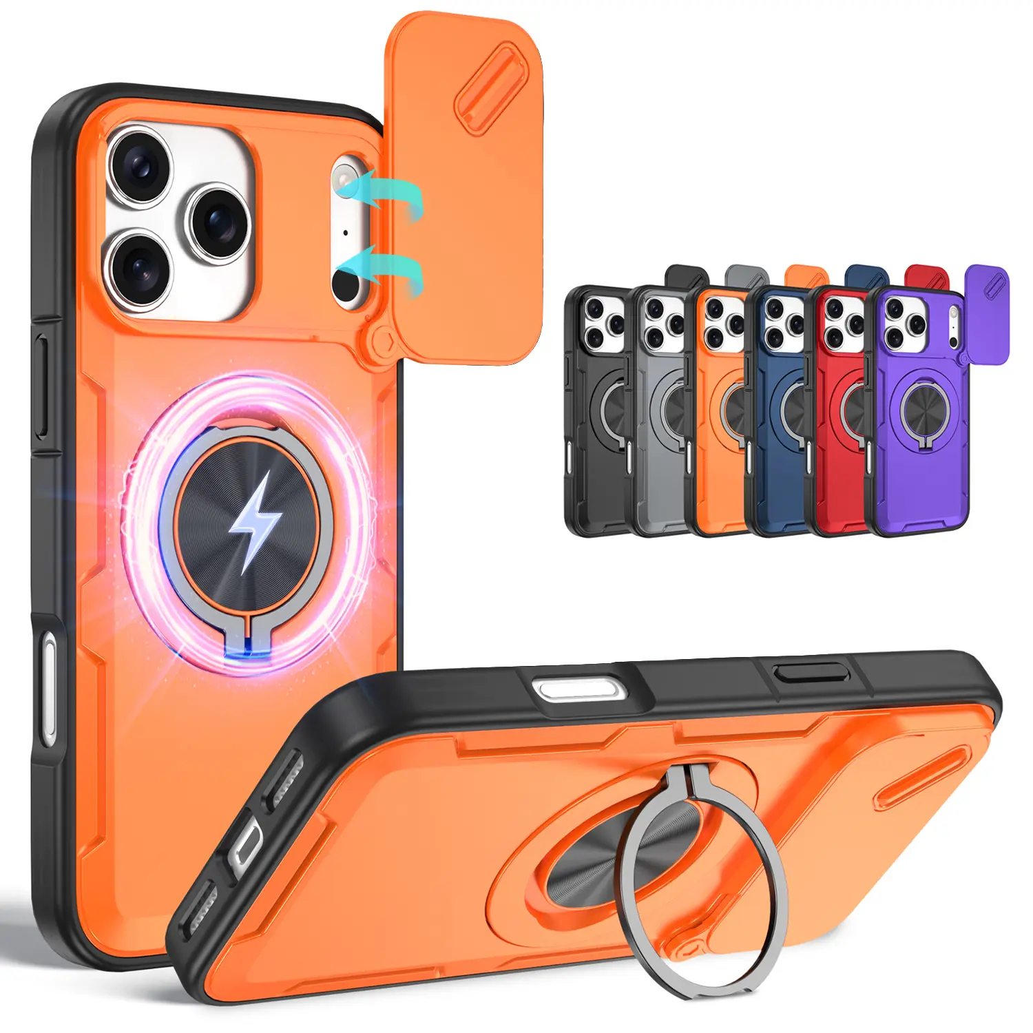 OREKROY Strong MagSafe Magnetic Case for iPhone 18 Pro Max, iPhone 17/16/15/14/13/12 Series, Slim-Fit Military-Grade Shockproof Anti-Drop Rugged Cover with 360° Rotating Ring Kickstand & Sliding Camera Lens Cover for Full Camera Protection