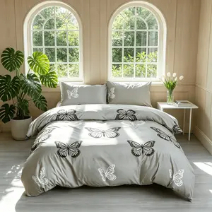Butterfly Pattern Microfiber Bedding Set of 3, 1 Duvet Cover + 2 Pillowcases (Pillows & Comforter Not Included), Ultra-Soft All-Season Bedding with Zipper Closure, Available in Double, Queen & King Sizes