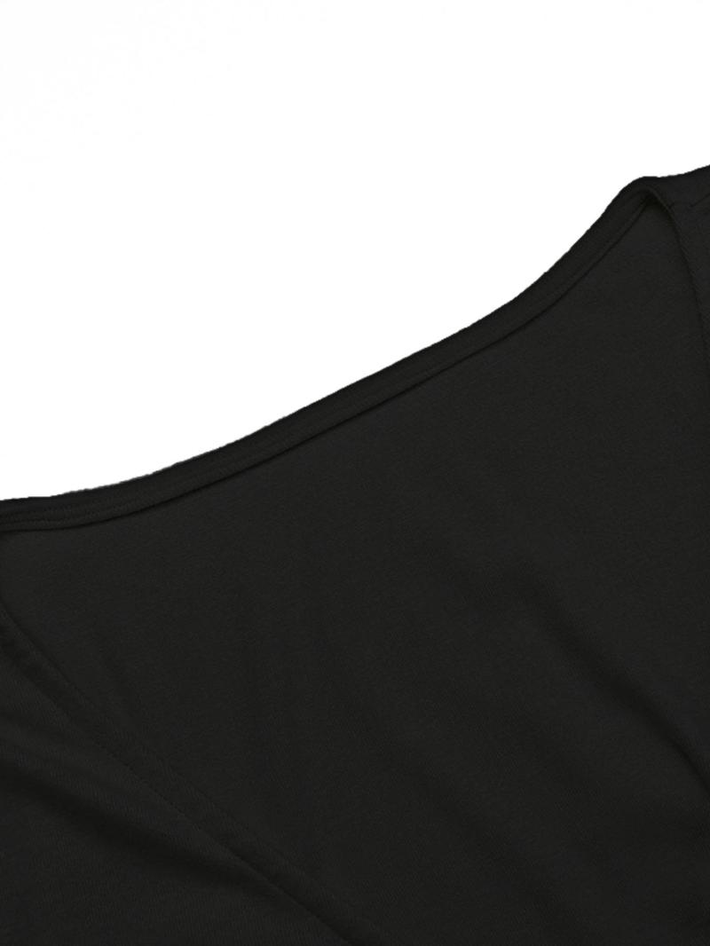 Women's Plain V-Neck Wrap Tee, Elegant Casual Long Sleeve T-shirt for Daily Outdoor Wear, Women's Clothing for Fall & Winter