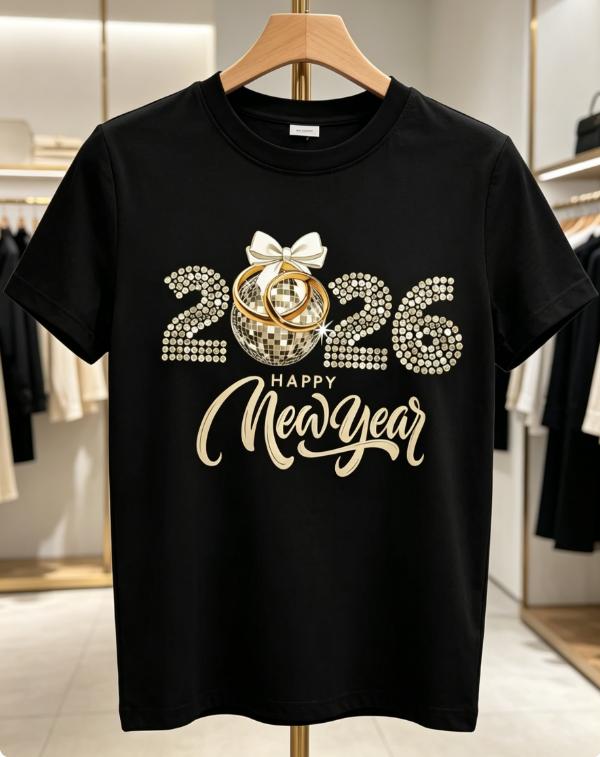 Women's 2026 New Year Golden Graphic Tee, Rhinestone-Like Detail, Black & Gold Cotton Crew Neck Short Sleeve, NYE Party Outfit