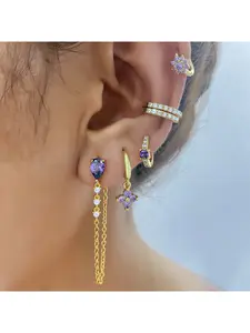 Elegant Tassel Earring Set for Women, featuring geometric drop-shaped long tassel studs, four-leaf clover hoop earrings and ear cuffs, versatile and exquisite for ladies