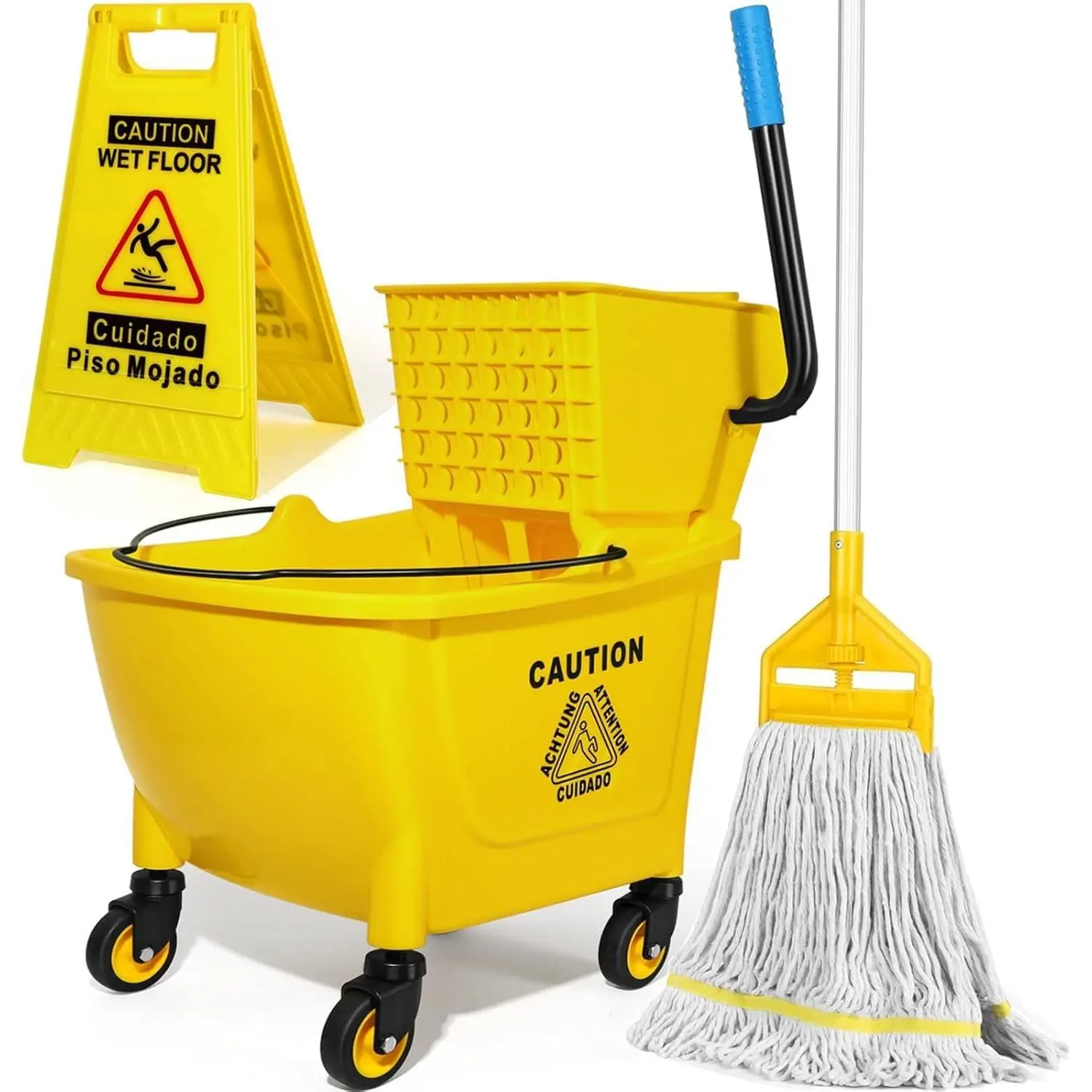 35Qt Commercial Mop Bucket with Side Press Wringer  Wheels Yellow | Including Wet Floor Caution Sign and Heavy-Duty Industrial Mop Set for /Business Floor Cleaning/Mopping