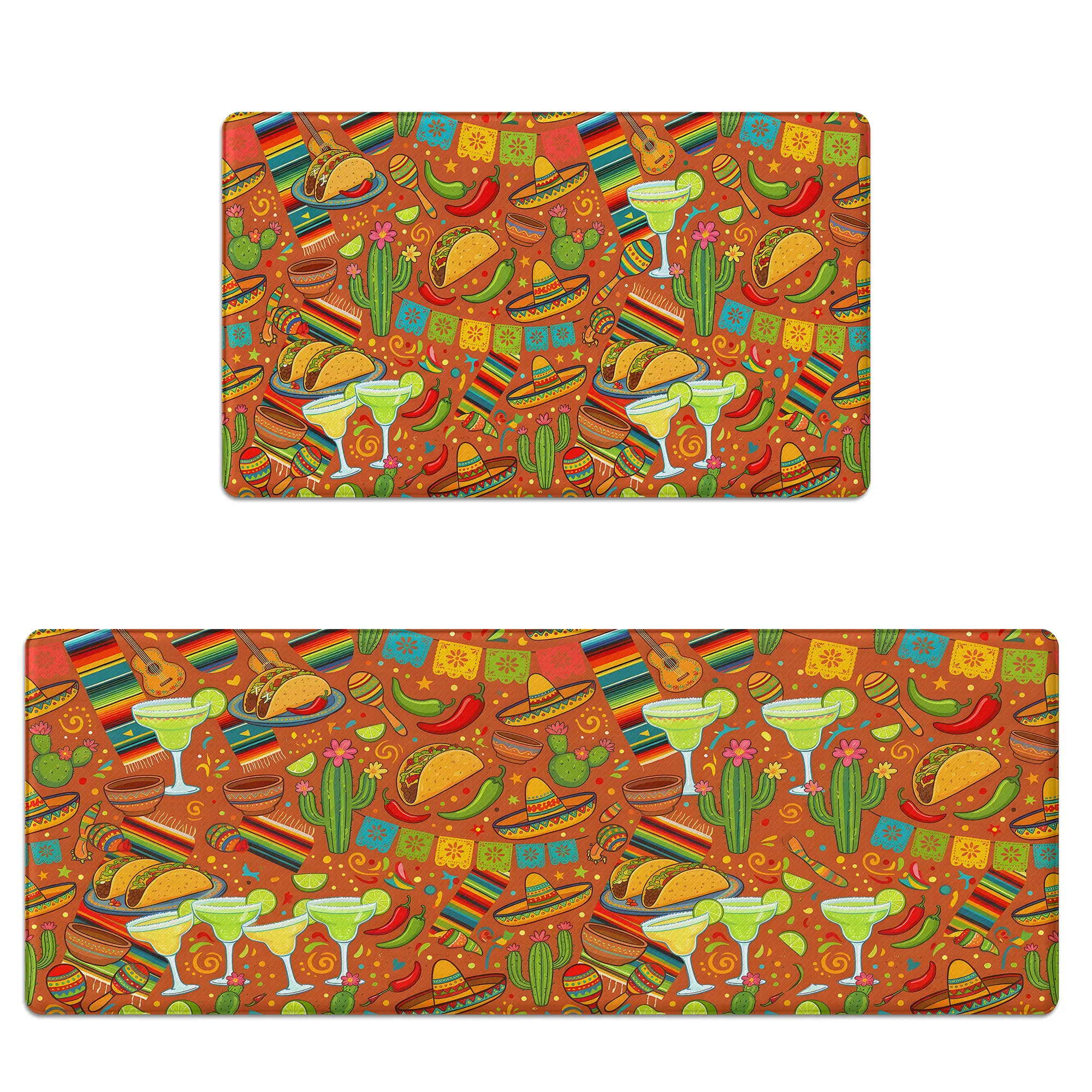 Mexican Fiesta Kitchen Mat Set Anti-Fatigue Cushioned Memory Foam Non-Slip Scratch-Resistant & Waterproof Taco Cactus Design Kitchen Rug
