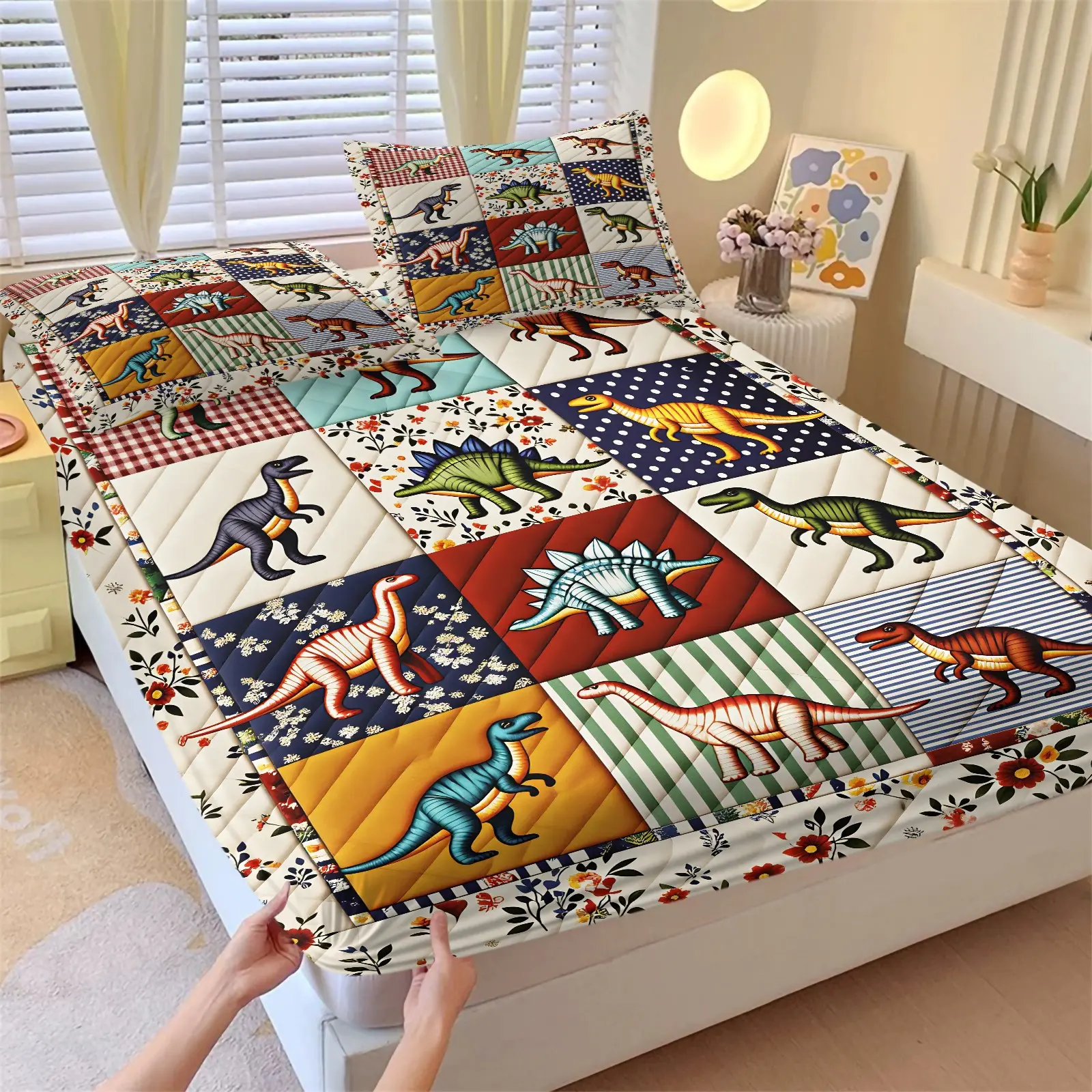 3PCS Vintage Patchwork Dinosaur Quilt Print Fitted Sheet Set (1 Fitted Sheet + 2 Pillowcases),Soft & Comfortable,Deep Pocket Anti-Slip,Wrinkle Resistant Easy Care Fabric,All Season Bedroom Decor Gift For Boys & Girls