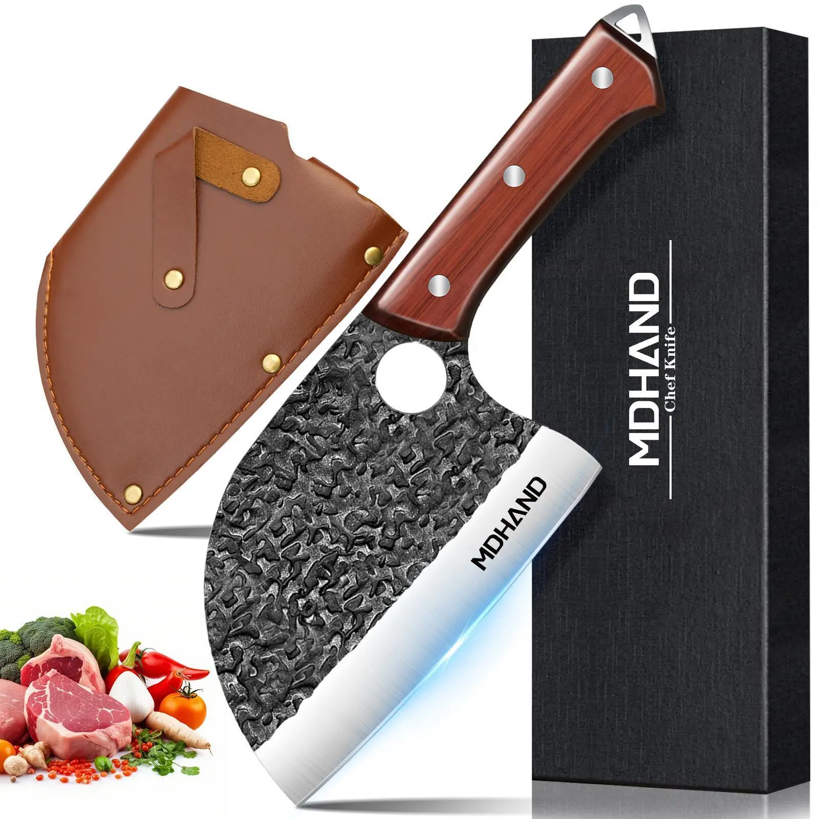 Kitchen Knife, Serbian Chef Knife, Full Tang Butcher Knife Meat Cleaver, Hand Forged High Carbon Stainless Steel Kitchen Knife with Wooden Handle & Leather Sheath