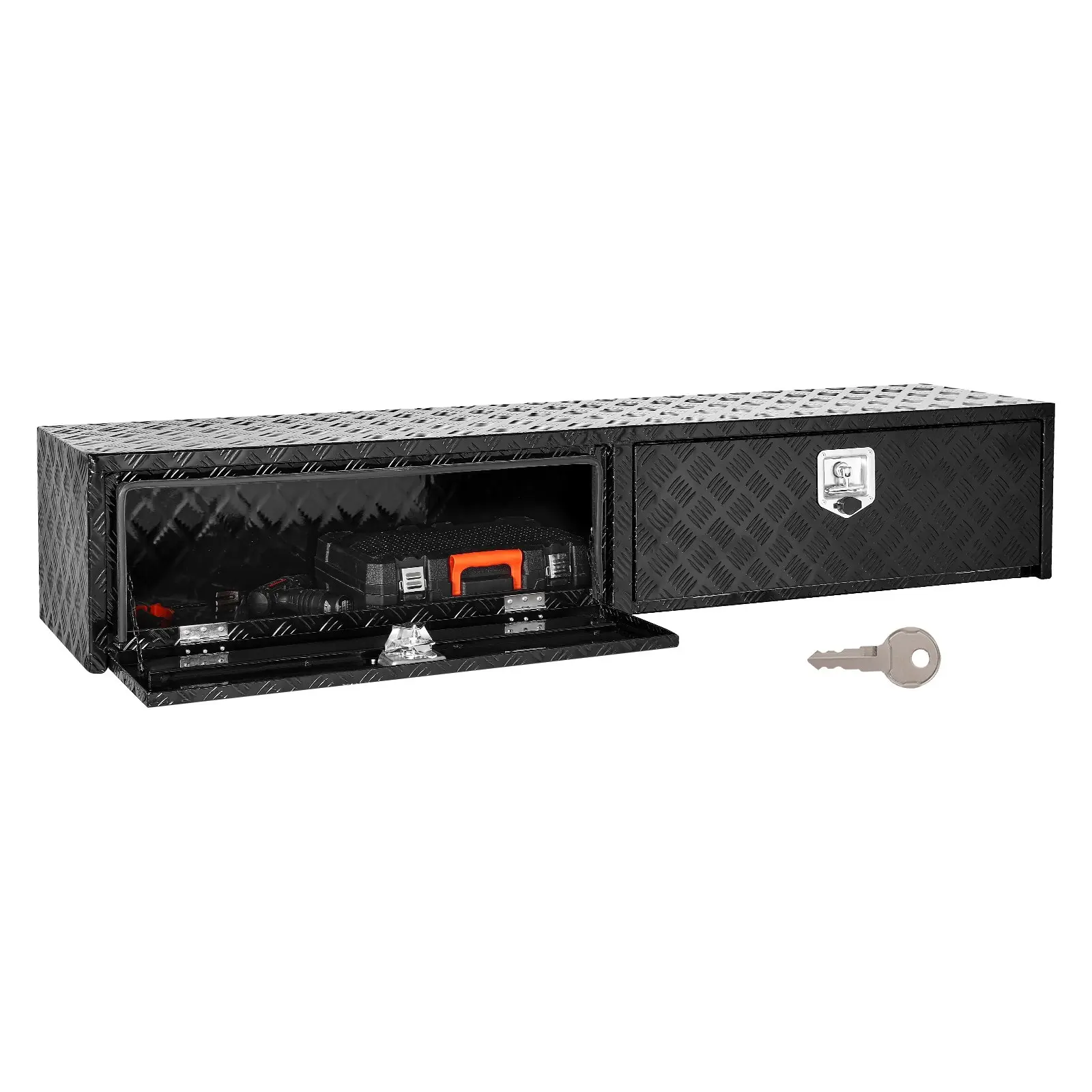 VEVOR Truck Tool Box, 72x 13x 16 Inch, Black Aluminum Tread Topsider Toolbox with Dual Drop Doors, Heavy Duty Lockable Storage and Organization Box with Latch, Corrosion-Resistant, for Truck Bed
