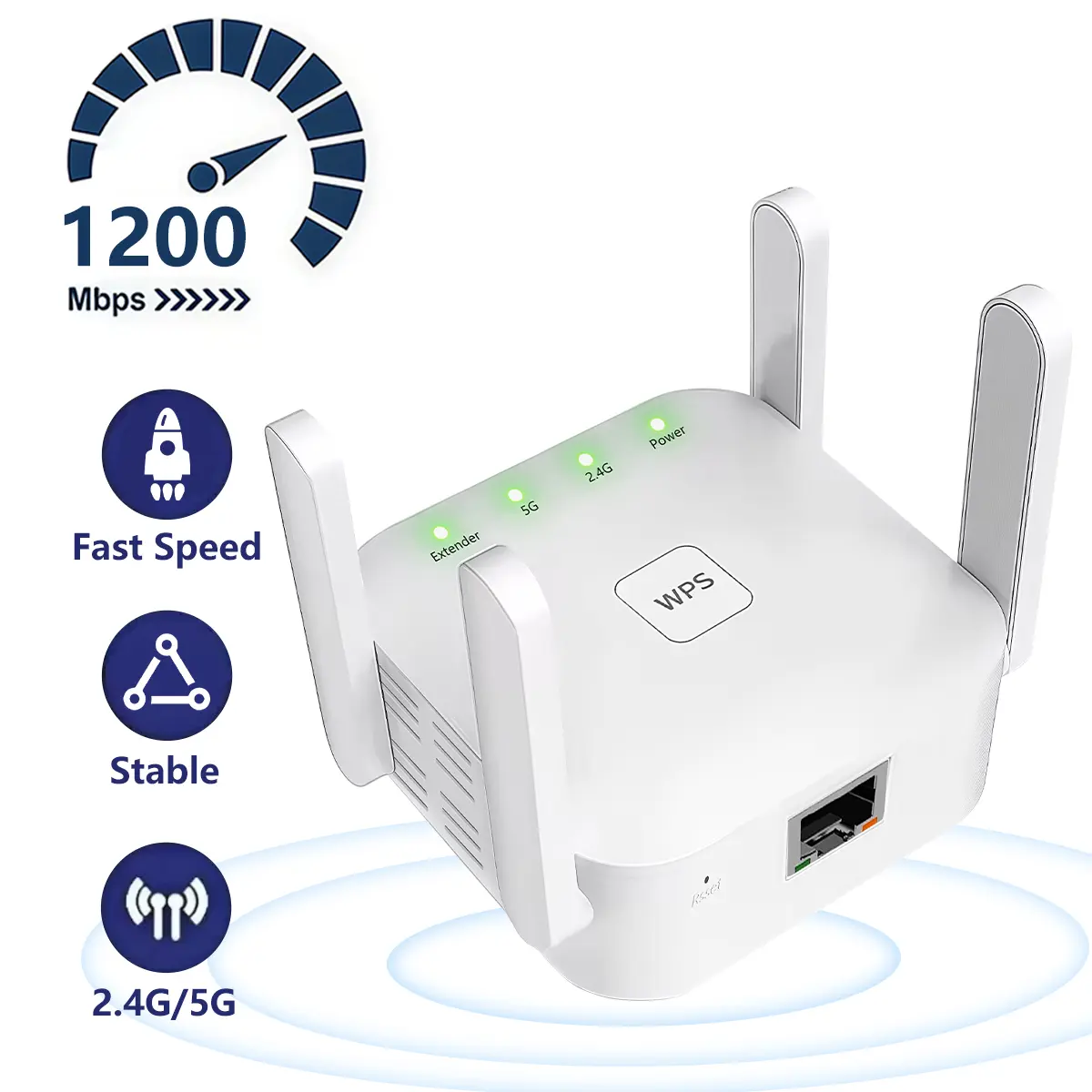 1200Mbps Dual Band WiFi Extender Signal Booster with 4 High-Gain Antennas, 5GHz/2.4GHz Repeater, Whole Home Coverage, Ethernet Port, Supports Up to 100 Devices, Ideal for Home, Apartment & Office