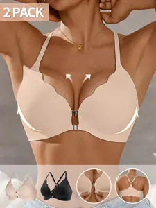 1/2 Pack Jelly Push Up Bra for Women Front Closure, Seamless Wireless Bra with Beauty Back Racerback, Full Coverage Support, No Underwire Comfort Bra, Invisible T-Shirt Bra