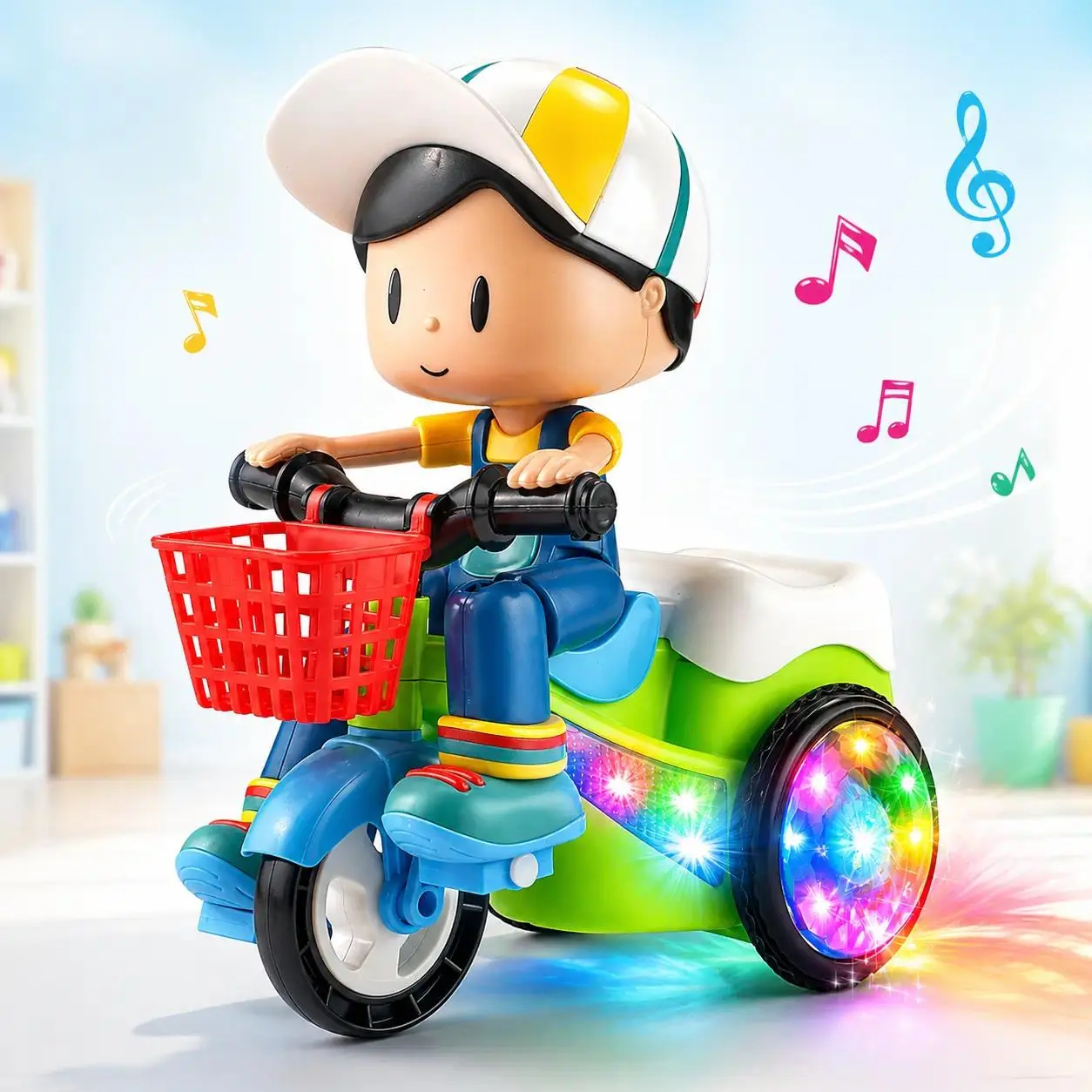 Musical Tricycle Toy LED Lights, Electric Bump & Go Bike Toy with Music, Automatic Walking Rotating Action Toy for Baby Boys Girls