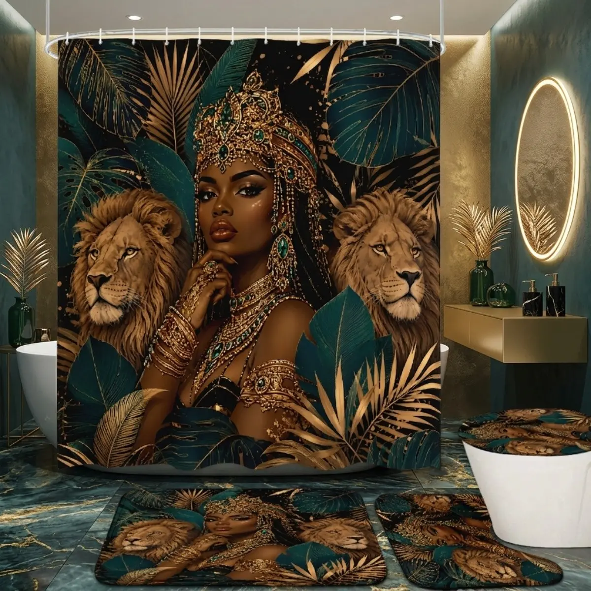 4pcs African Queen Shower Curtain Set With Rugs, Bathroom Curtains Shower Set, Lion and Tropical Foliage, Portrait, Non-Slip Rugs, Bathroom Decor for History Month