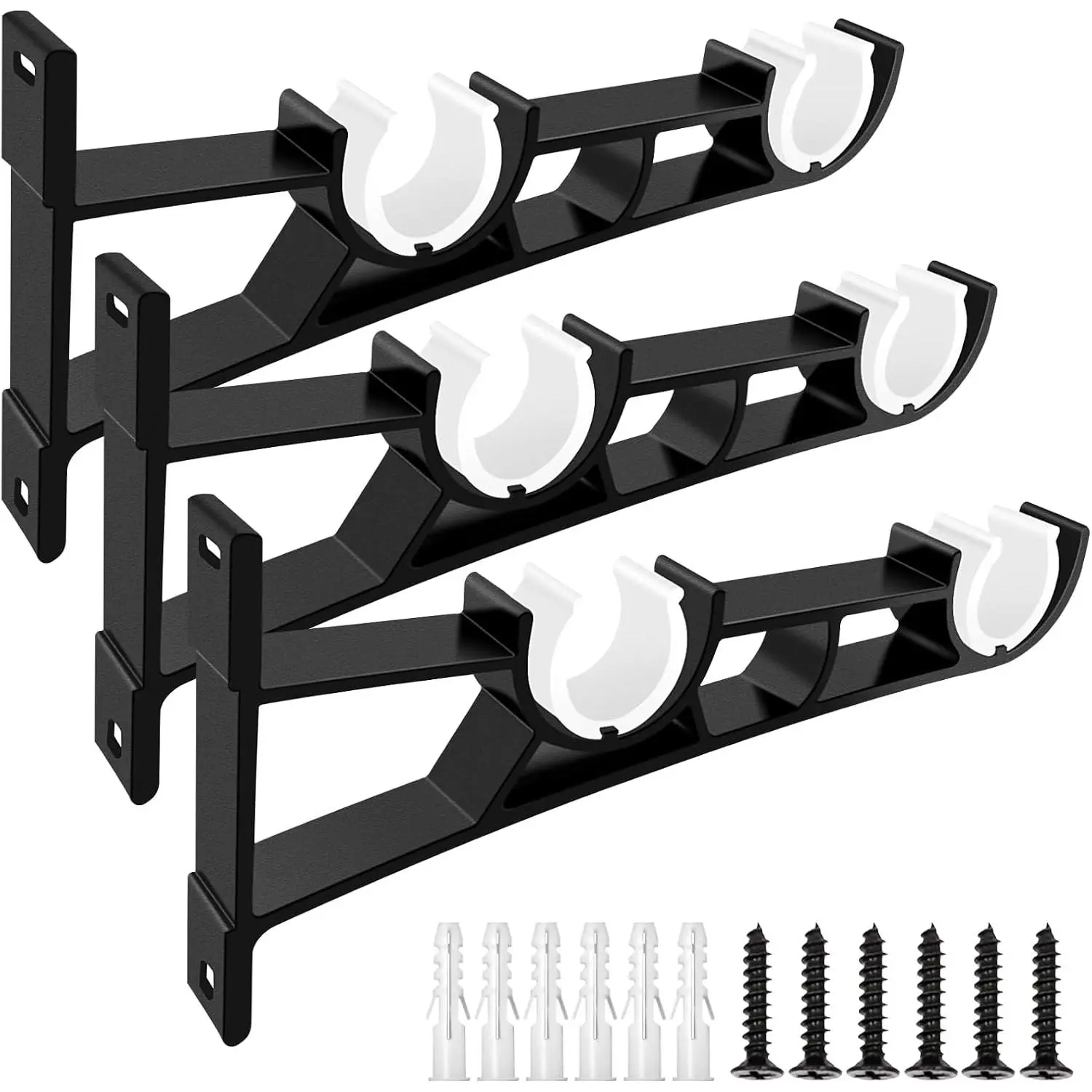 Curtain Rod Bracket, 3 Pack Double Curtain Rod Brackets, Heavy Duty Drapery Holders for 1 Inch Rods, Wall Double Rod Curtain Hanger Hooks, Black