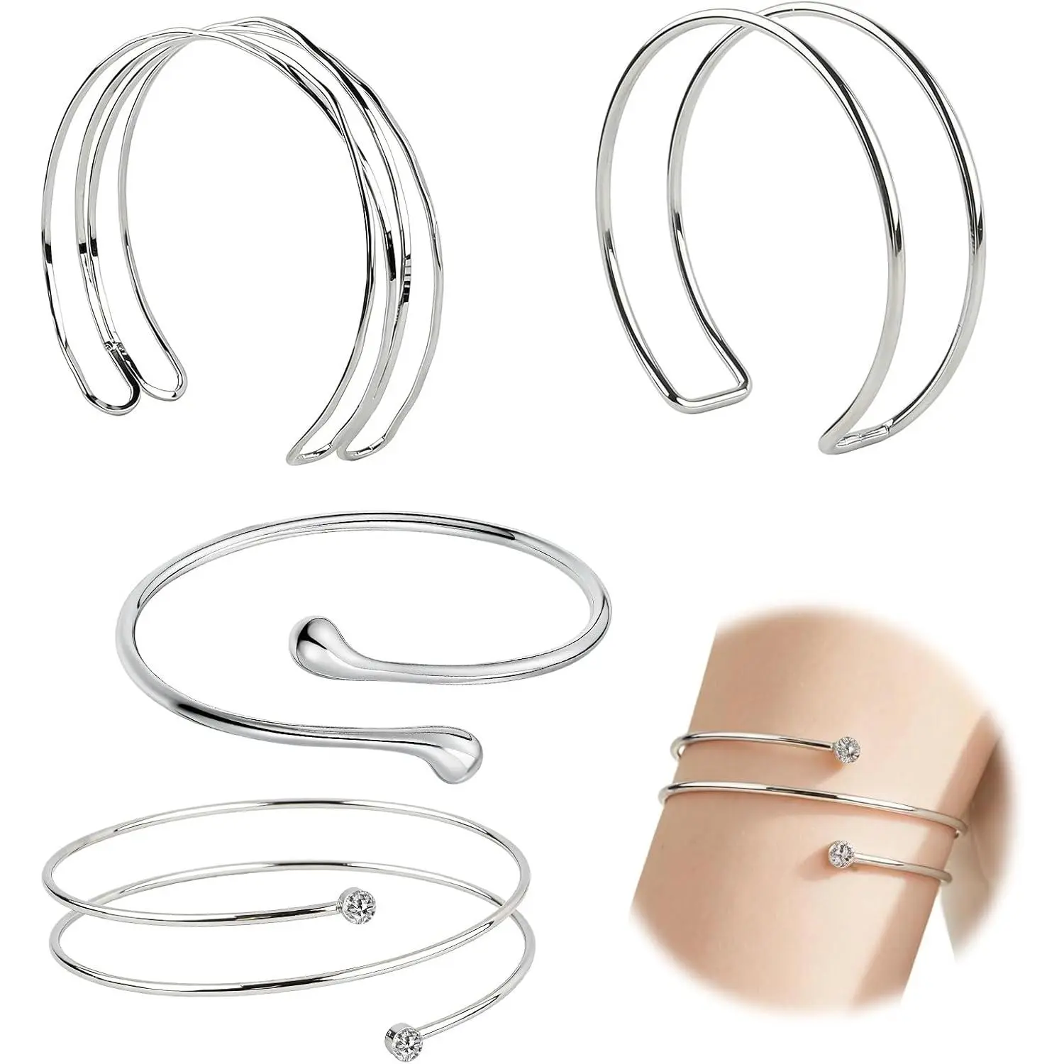 4 count Adjustable Coil Arm Cuffs for Women,Minimalist Upper Arm Bracelet Set,Boho Armlet Bangle