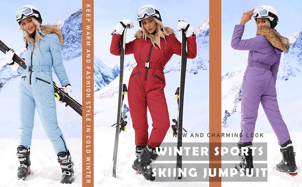 Yousify Women's Winter Ski Suit One-Piece Hooded Fur Collar Jumpsuit Snowsuit Outdoor Sports Coat Waterproof Removable Fur Collar