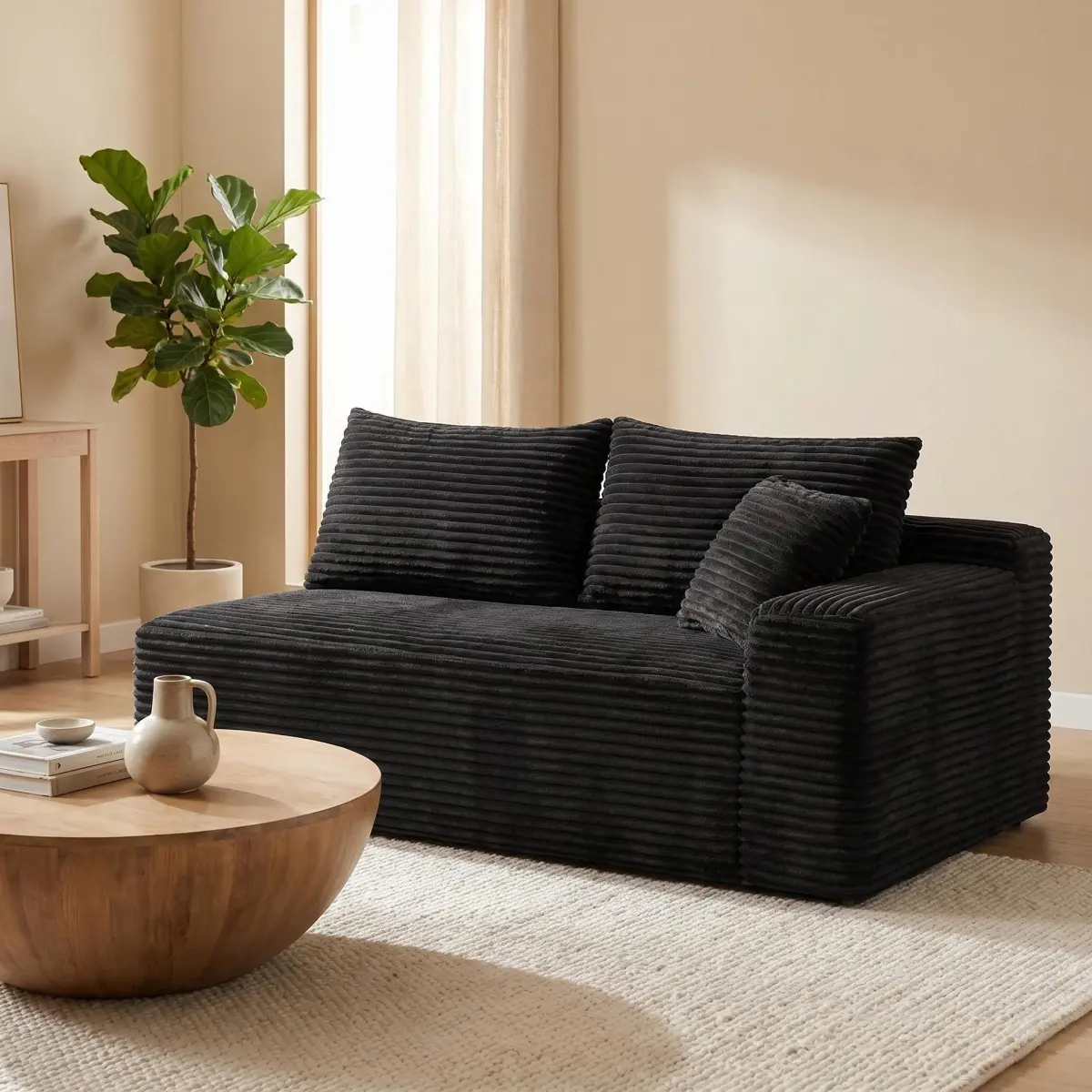 AobtkelBlack Corduroy Ground-Hugging Compressed Loveseat, Armless No-Legs 2-Seater Sofa for Living Room Small Apartment