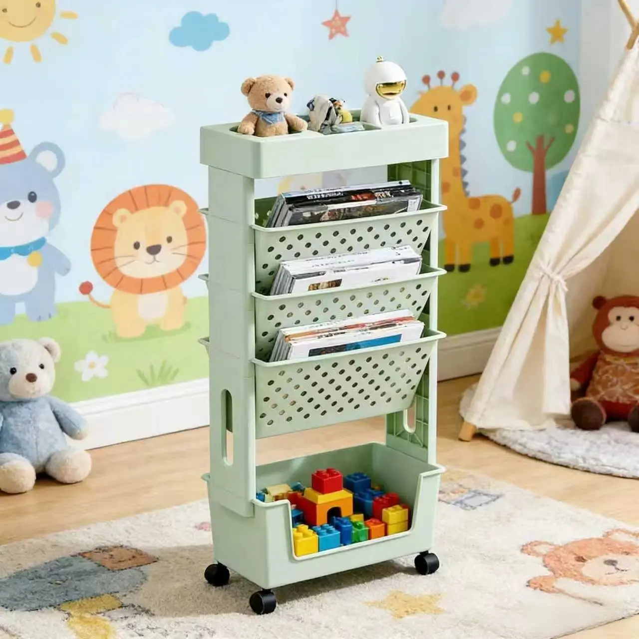 Mobile Book Storage Cart Organizer with Wheels, 5-Layer Detachable Plastic Bookshelf, Desk Side Floor Book Rack for Students, Home, Office