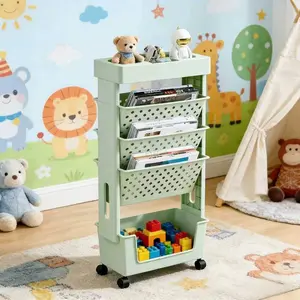 Mobile Book Storage Cart with Wheels, 5-Layer Detachable Plastic Bookshelf, Desk Side Floor Book Rack for Students, Home, Office