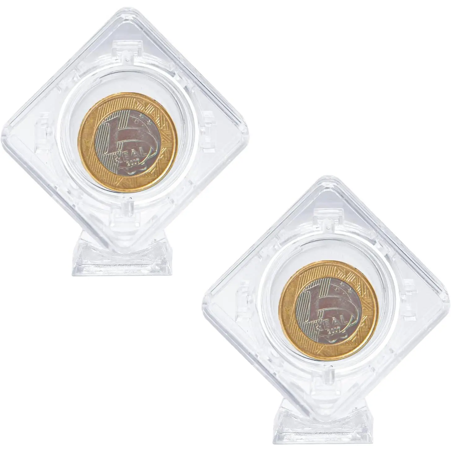 2 count  Display Case Stand Holders for Collectors  Rotatable Floating  Capsules Frame Clear  Protector Sleeves Container Box for Medallion Medal Specimen(1.6X 1.6in)