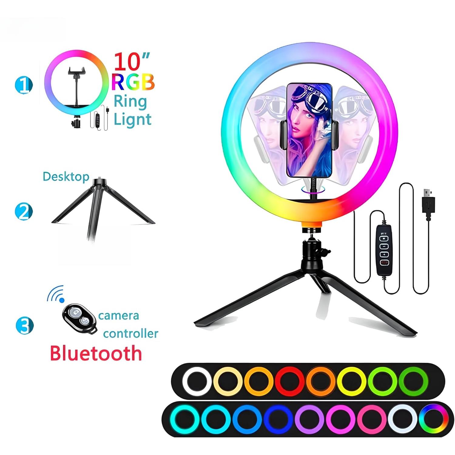 10" Selfie Ring Light with 4" Desktop Tripod Stand & 1 Phone Holder, LED Ringlight with Dimmable Modes(RGB) for Makeup/Photography/Videos/Vlog/ (STDLR10-V2)