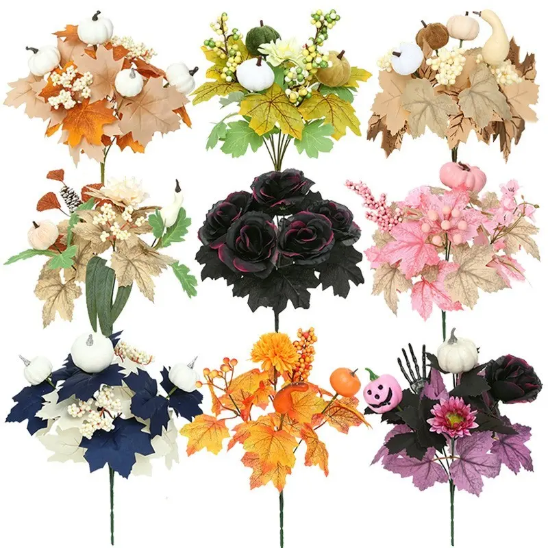 3-Pack Autumn Pumpkin Floral Branches, Mini Pumpkins, Maple Leaves, Harvest Decor, Thanksgiving Halloween Desk Décor