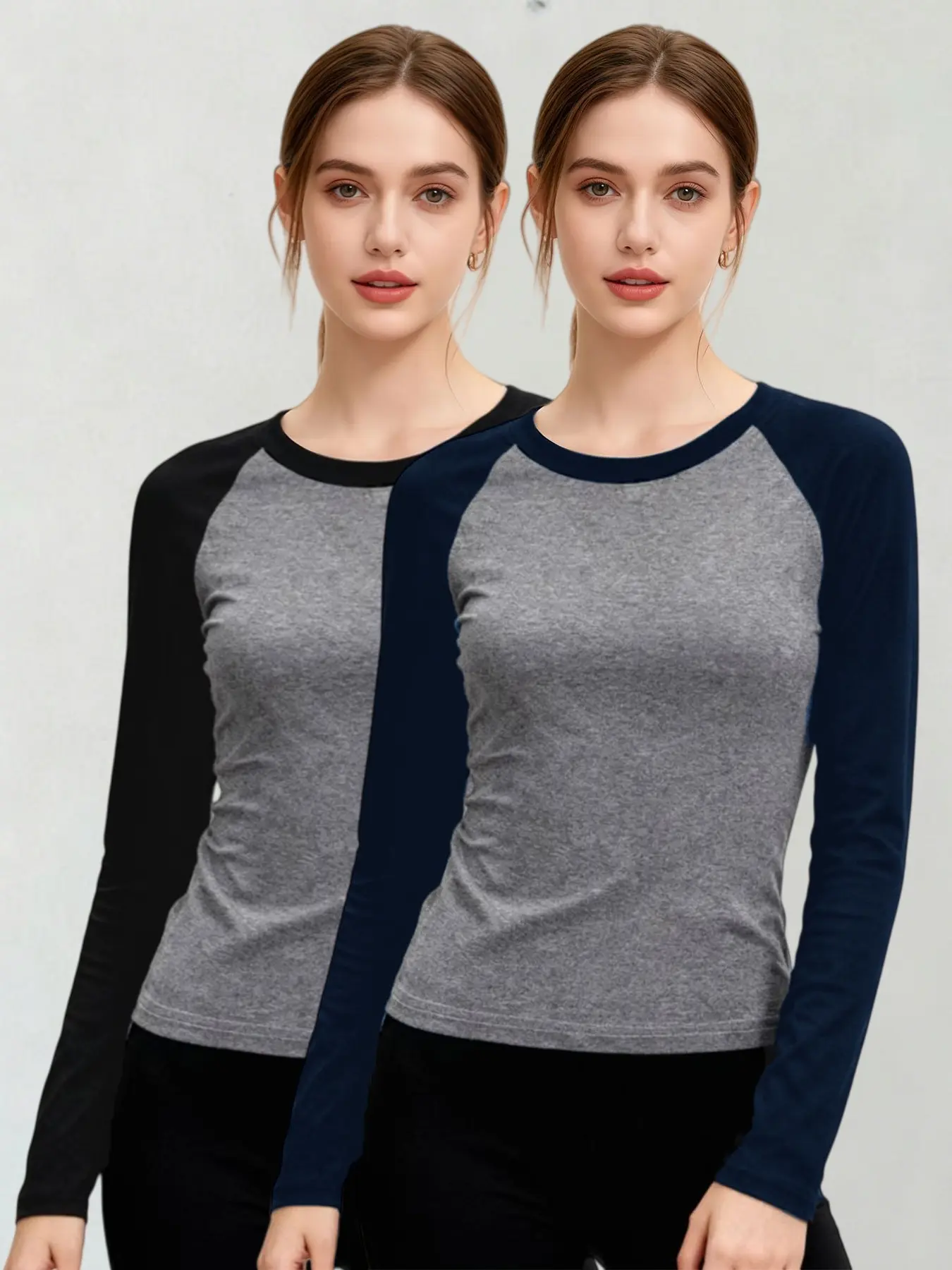 2 Pack Women Crew Neck Color Block Thermal Long Sleeve Athletic Tops, Warm Cozy Stylish Versatile Autumn Fall Winter Base Layer Undershirts for Home Loungewear, Daily Casual & Outdoor Sports Activities