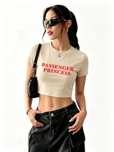 Y2K Women's American Hot Girl "PASSENGER PRINCESS" slogan tight fitting short T-shirt, sweet and cool style crop top short sleeved, multi colored options, daily home dating, travel and vacation outfits
