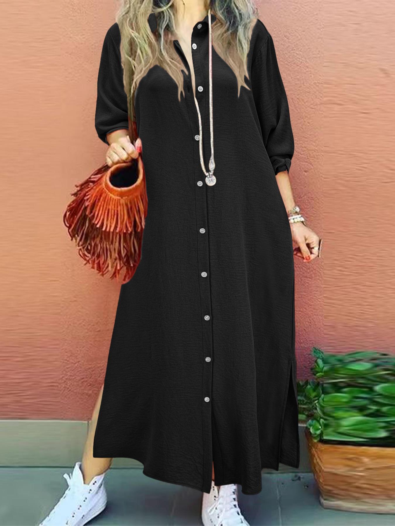 Women's Plain Collared Button Shirt Collar Long Sleeve Dress, Casual Fashion Long Dress for Daily Outdoor Wear, Women Dress for Spring, Womenswear