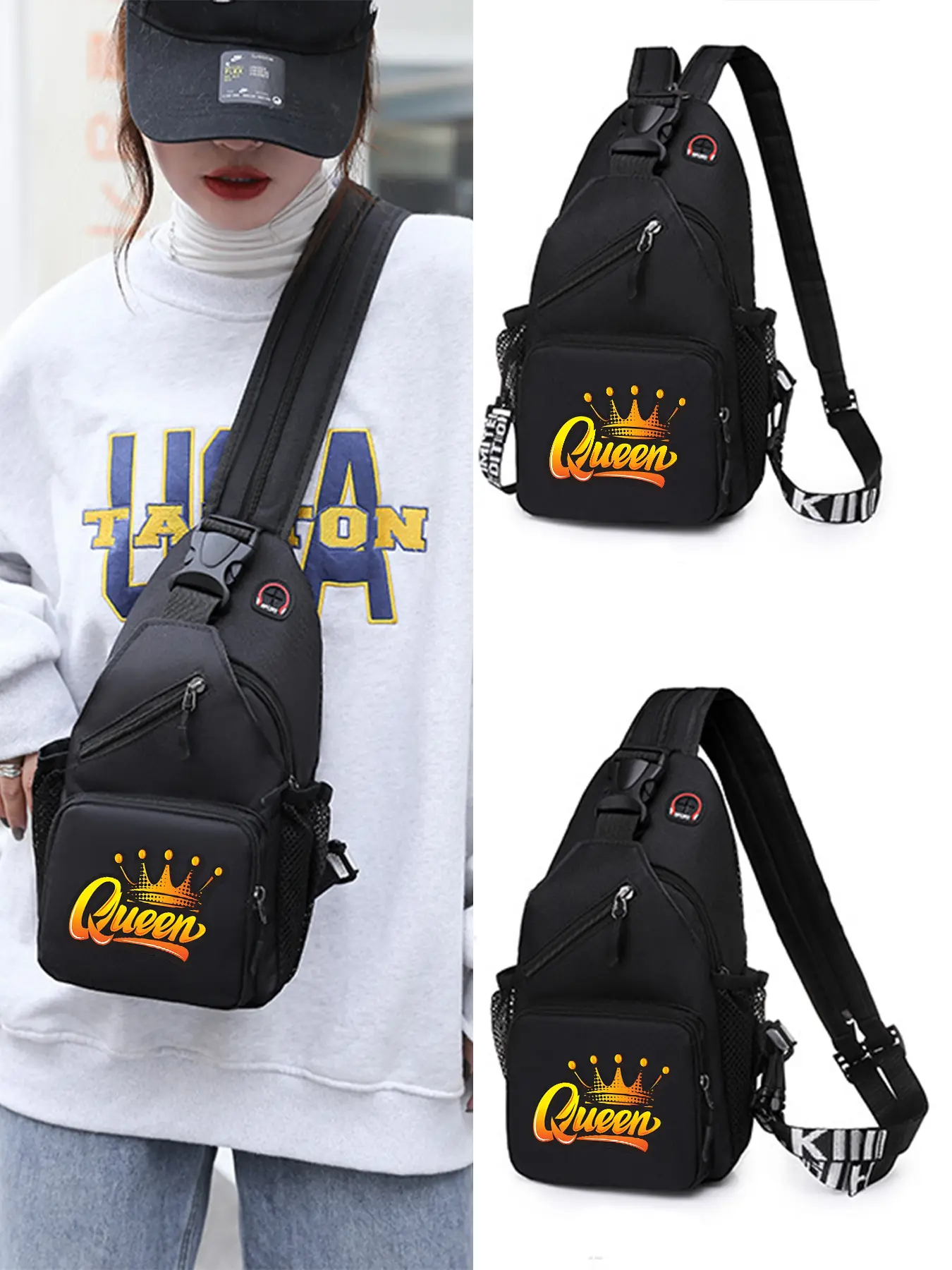 "Queen" Pattern Multifunctional Crossbody Bag, Mini Backpack, Sports Chest Bag with Earphone Hole, Adjustable Shoulder Straps, Multiple Carrying Ways, Lightweight and Mini-sized, Suitable for Outdoor Sports and Daily Commuting, An Ideal Gift.