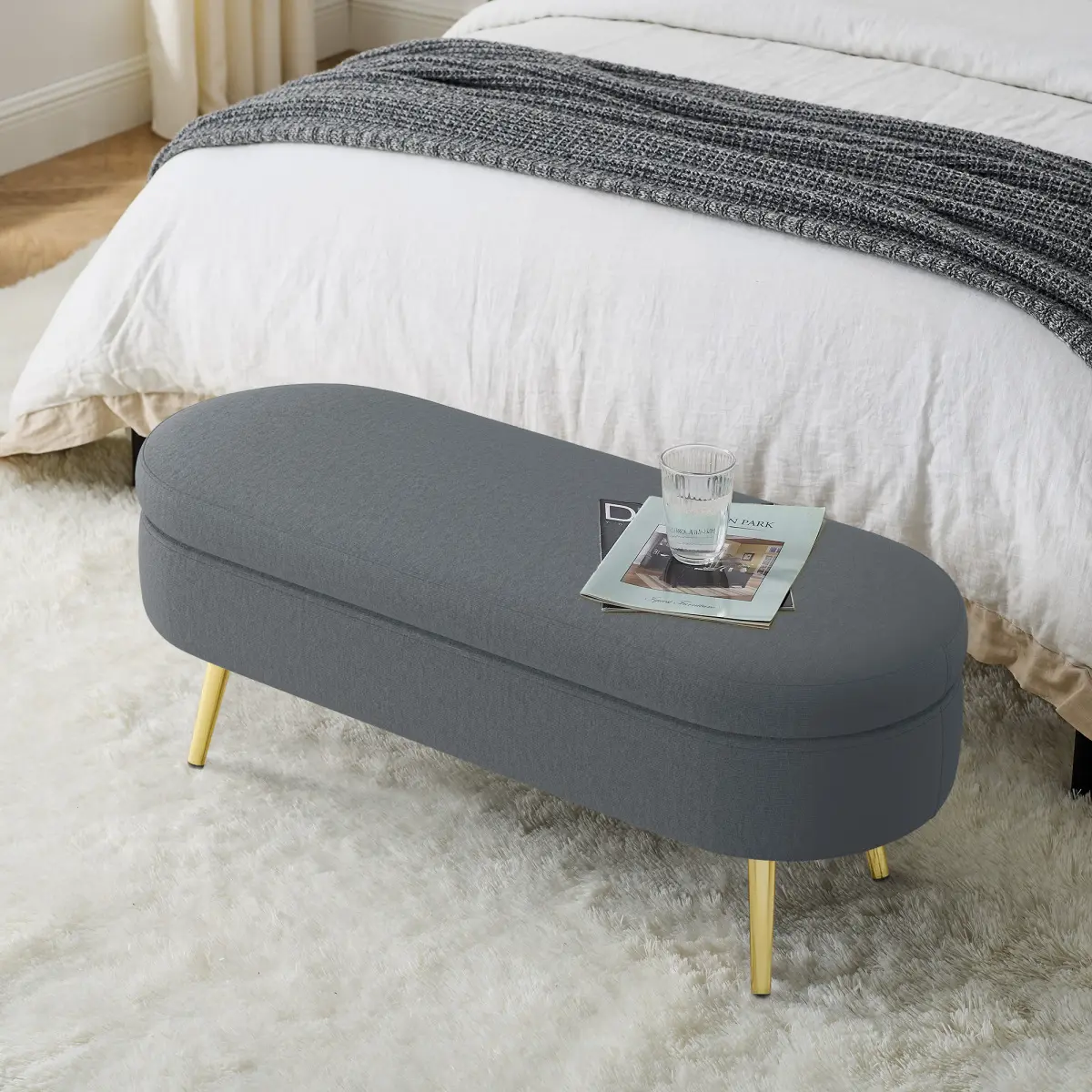Glam Oval Upholstered Foam Storage Bench with Gold Metal Legs - Modern End of Bed Ottoman Seating for Bedroom, 24.7 lbs, 250lbs Weight Capacity, Gray
