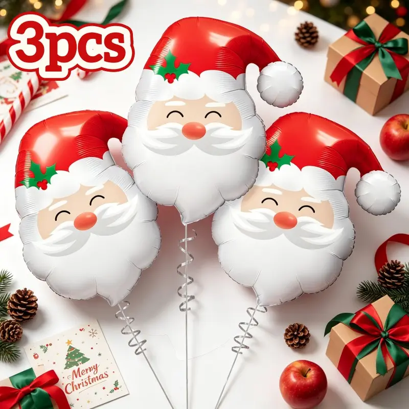 3pcs Cartoon Santa Claus Aluminum Foil Balloons, Hat Holly Design, Soft Adorable, Floatable, Christmas Party Decorations