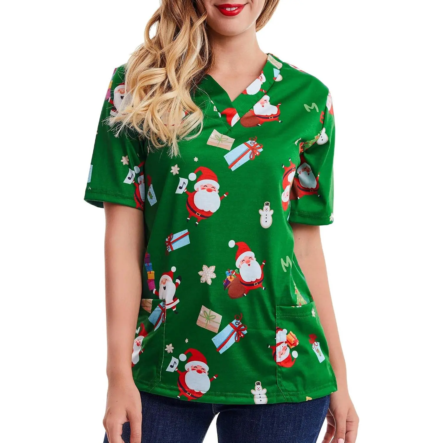 Christmas Scrub Tops Women Nurse 2025 Holiday Green V  Mock Wrap Print Xmas  Shirt with Pockets Santa Claus