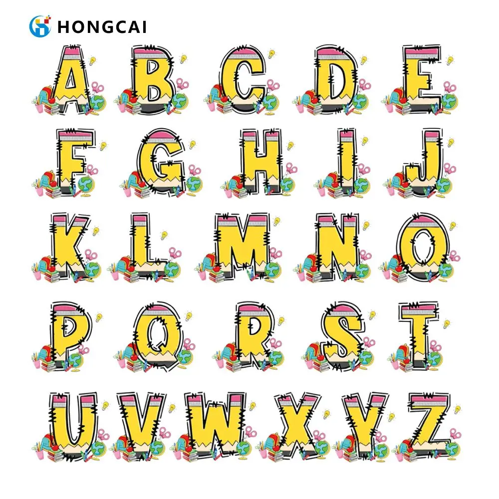 26Pcs Teachers' Day letter heat transfer stickers. Mixable pencil-style letters for custom designs on tees and bags.