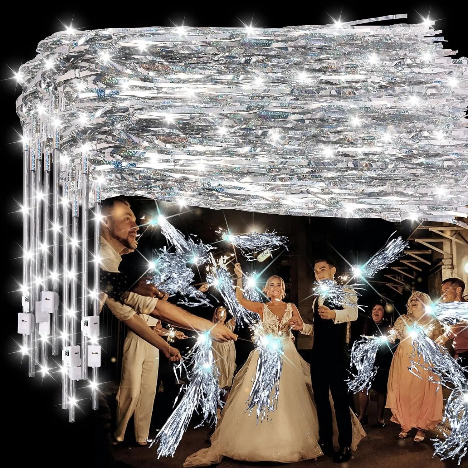 100pcs Silver LED Light Up Tinsel Wedding Wands, Ideal Props for Wedding Send Off, Birthday Parties, Christmas Cheerleading Games