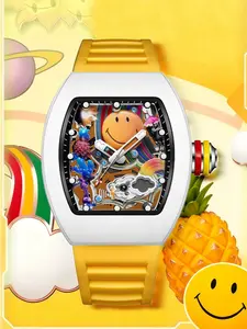 Men's Fashion Colorful Smile Watch, Bucket Shape Creative Night Light Trendy Wristwatch, Fashionable Analog Watch, Analog Quartz, Alloy Case, All Seasons