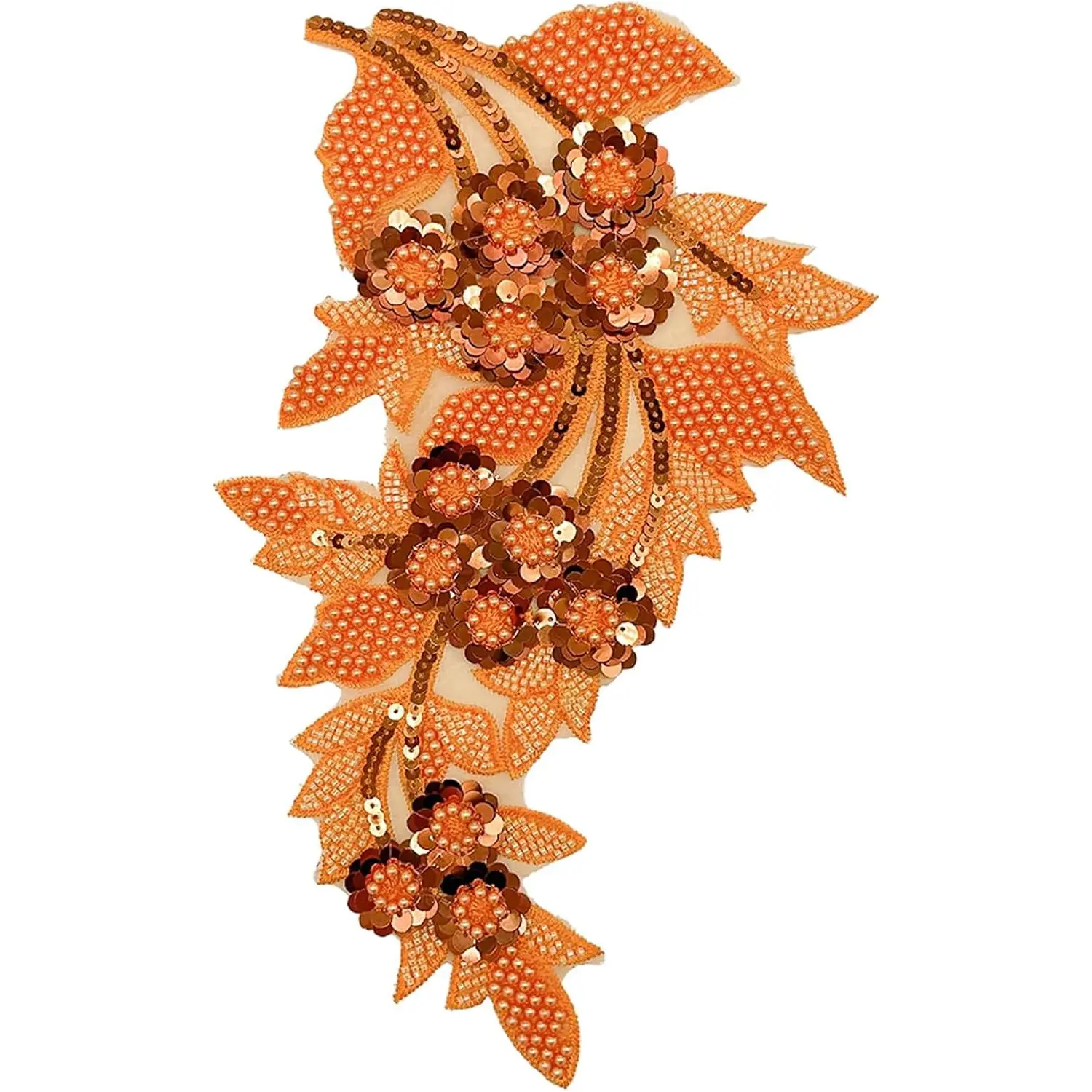 1pc Large Flower Rhinestone Applique Orange Embroidery Sequin Beaded Lace Applique for Clothes Wedding Bridal Dress Hat Sewing Craft Girl Embellishment