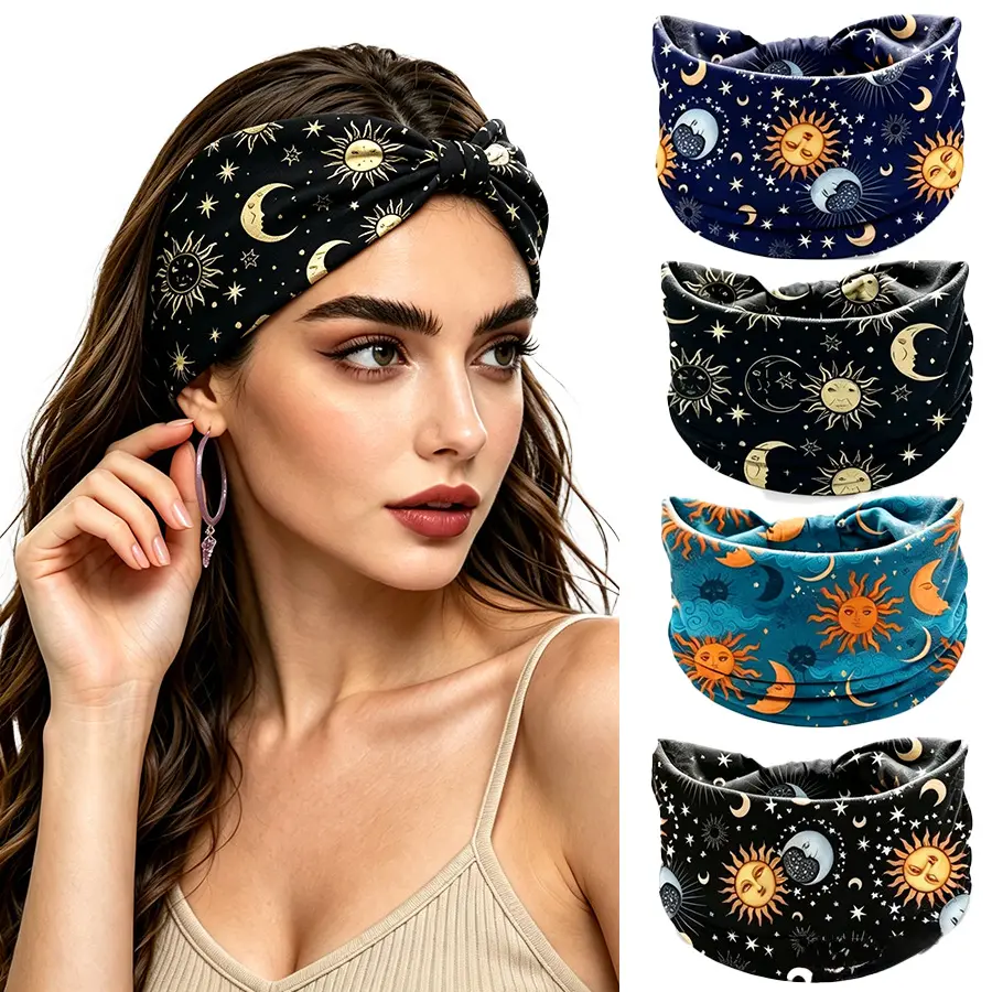 Unisex 4Pcs Star Moon Printed Wide-Edge Elastic Band Headbands, Non-Slip Casual Face-Wash Headbands for Sports & Beach Wear (Face-Modifying Hair Accessories), Face Wash Headband