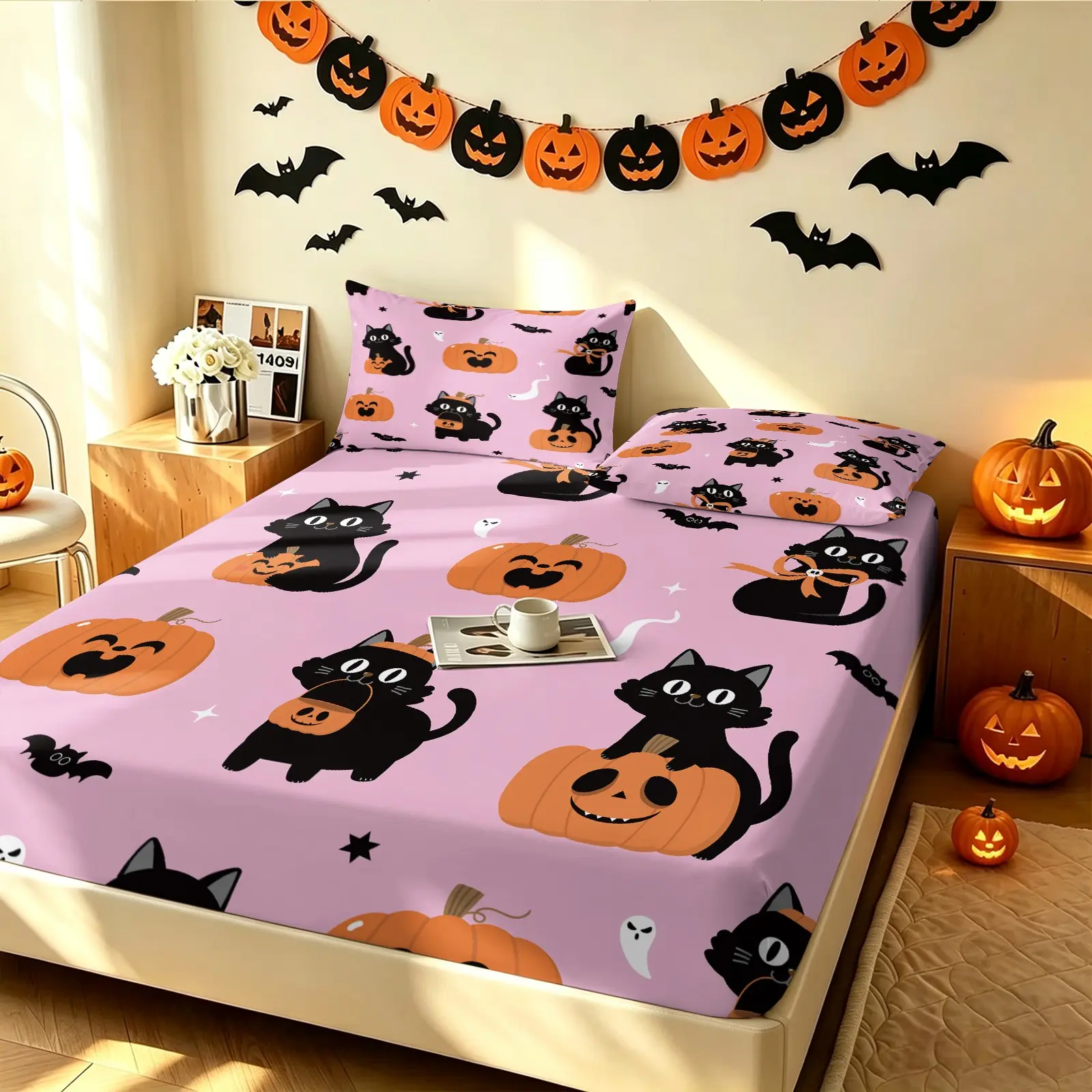 Cute Pink Halloween Fitted Sheet Set, Black Cat Pumpkin 1 Fitted Sheet & 2 Pillowcases Bedding Set No Filling Deep Pocket Bed Sheets Set for Mattress, Bedroom Holiday Decor Bedding Gift for Girls Teenagers