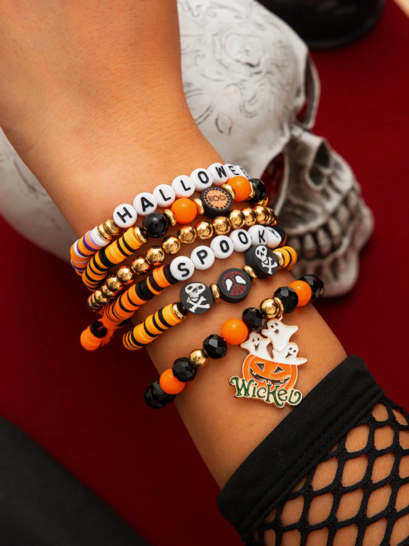 6-Piece Halloween Beaded Bracelet Set, Bangle, Clay, Skull Print, Ghost Pumpkin, Halloween Letter, Spooky Elastic Band