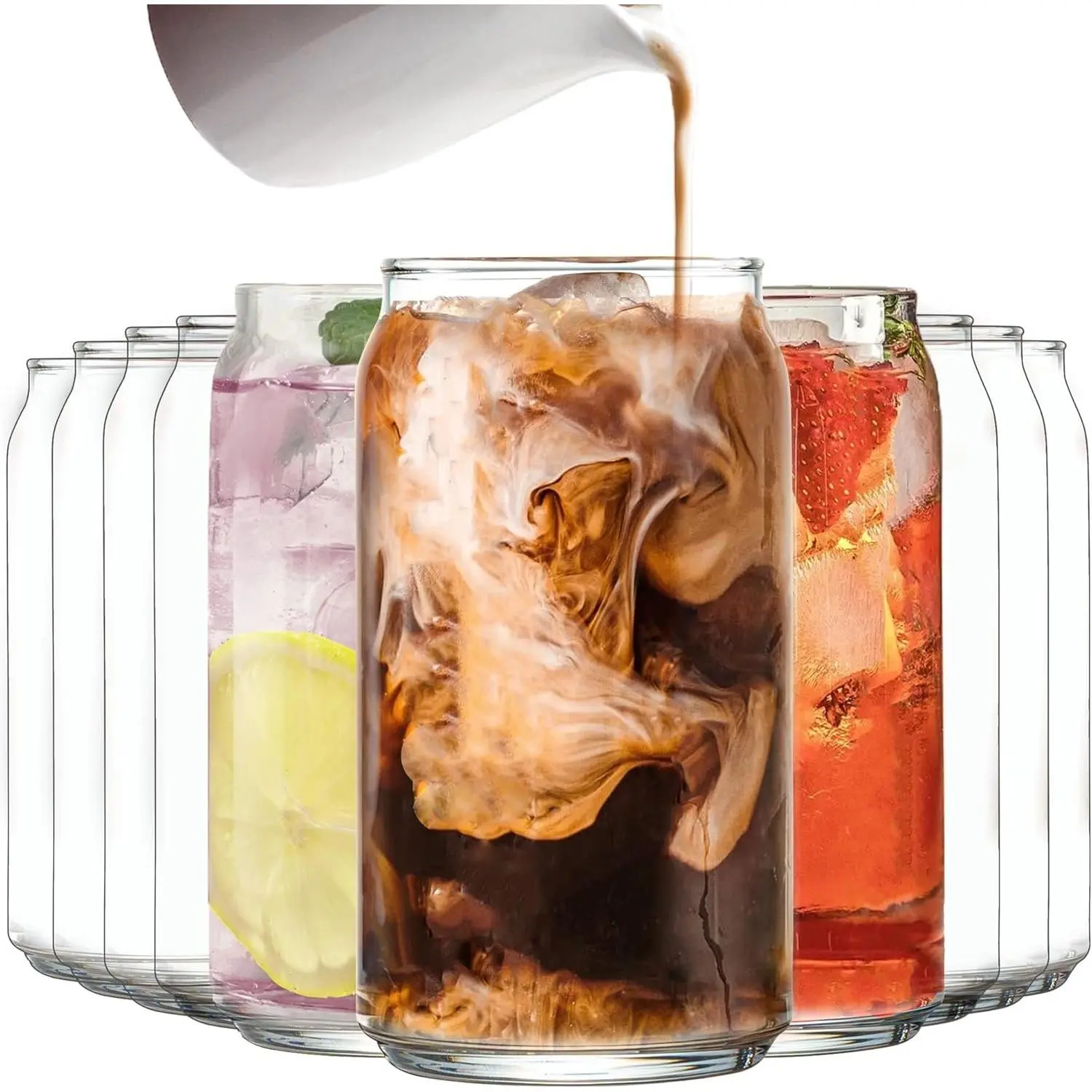 Le'raze 10 Pack Patented Can Shaped Drinking Glasses, 16oz Clear Irish Glass Cups for Margarita, Cocktails, Iced Coffee, Tea, Soda, Whiskey, Water & Beer