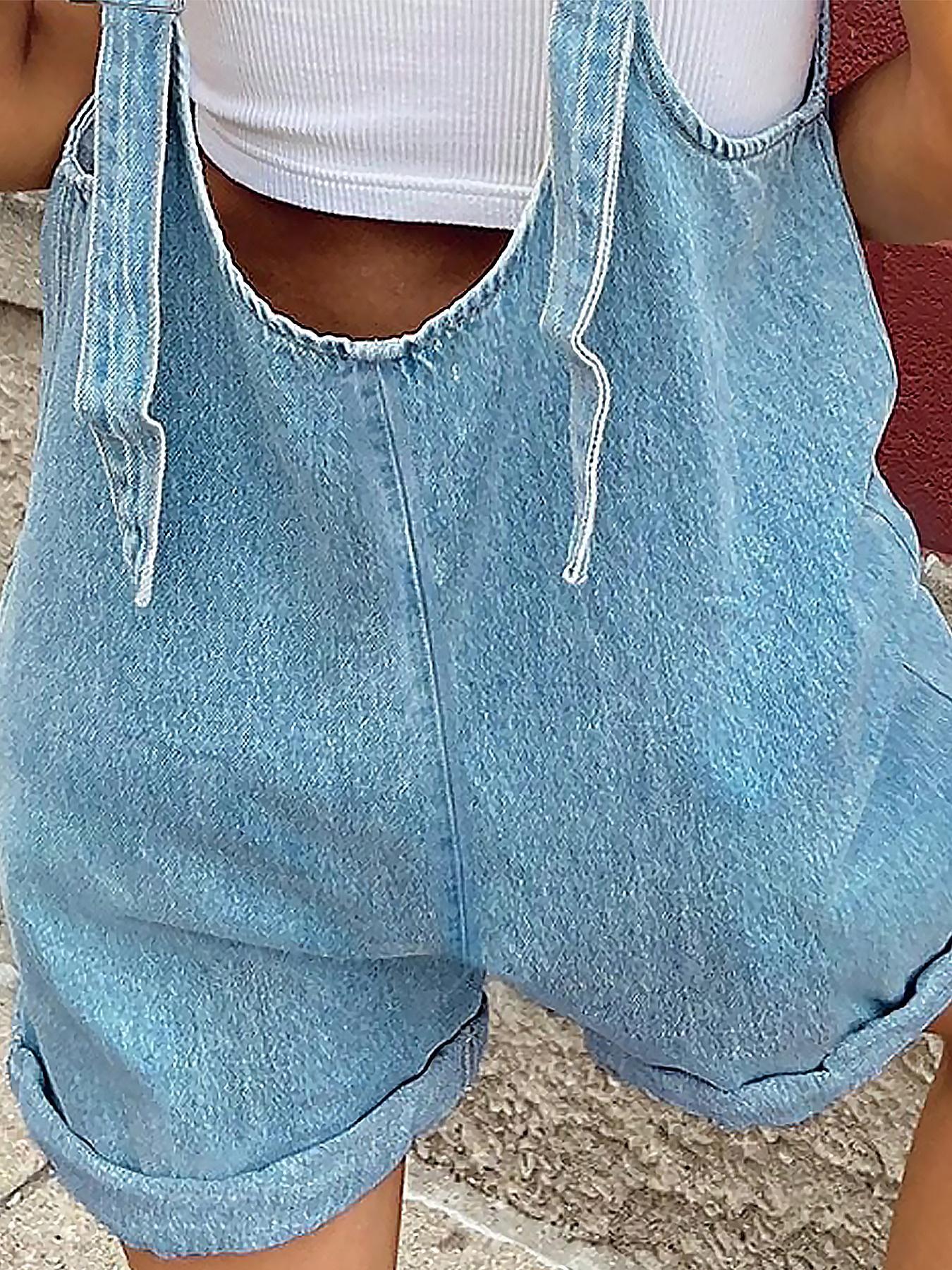 Women's Solid Color Denim Overalls, Casual Comfy Breathable Fabric Basic Fitted Sleeveless Overalls for Daily Wear, Ladies Clothes for Spring & Summer, Womenswear, Dungarees, Denim Rompers, Summer Jean Romper, Denim Jumpsuit, Blue