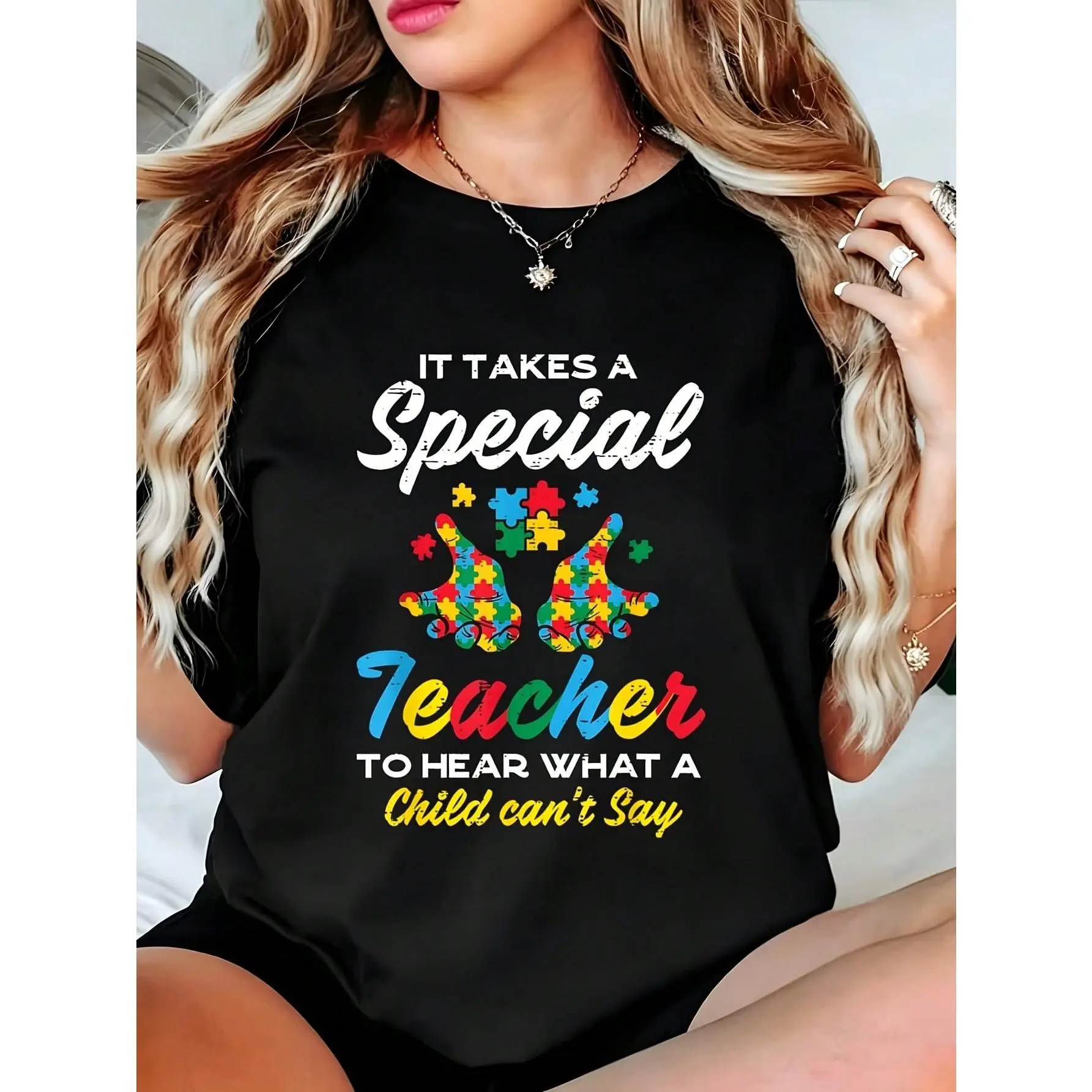 Special Teacher To Hear Child Cant Say Autism Awareness Sped Women's Tee 1 Pcs Women's Plus Size T-Shirt Funny Oversized Graphic Short Sleeve Tee Novelty 100% Cotton 220g Shirt Casual Crew Neck Top king message golf gift t-shirt