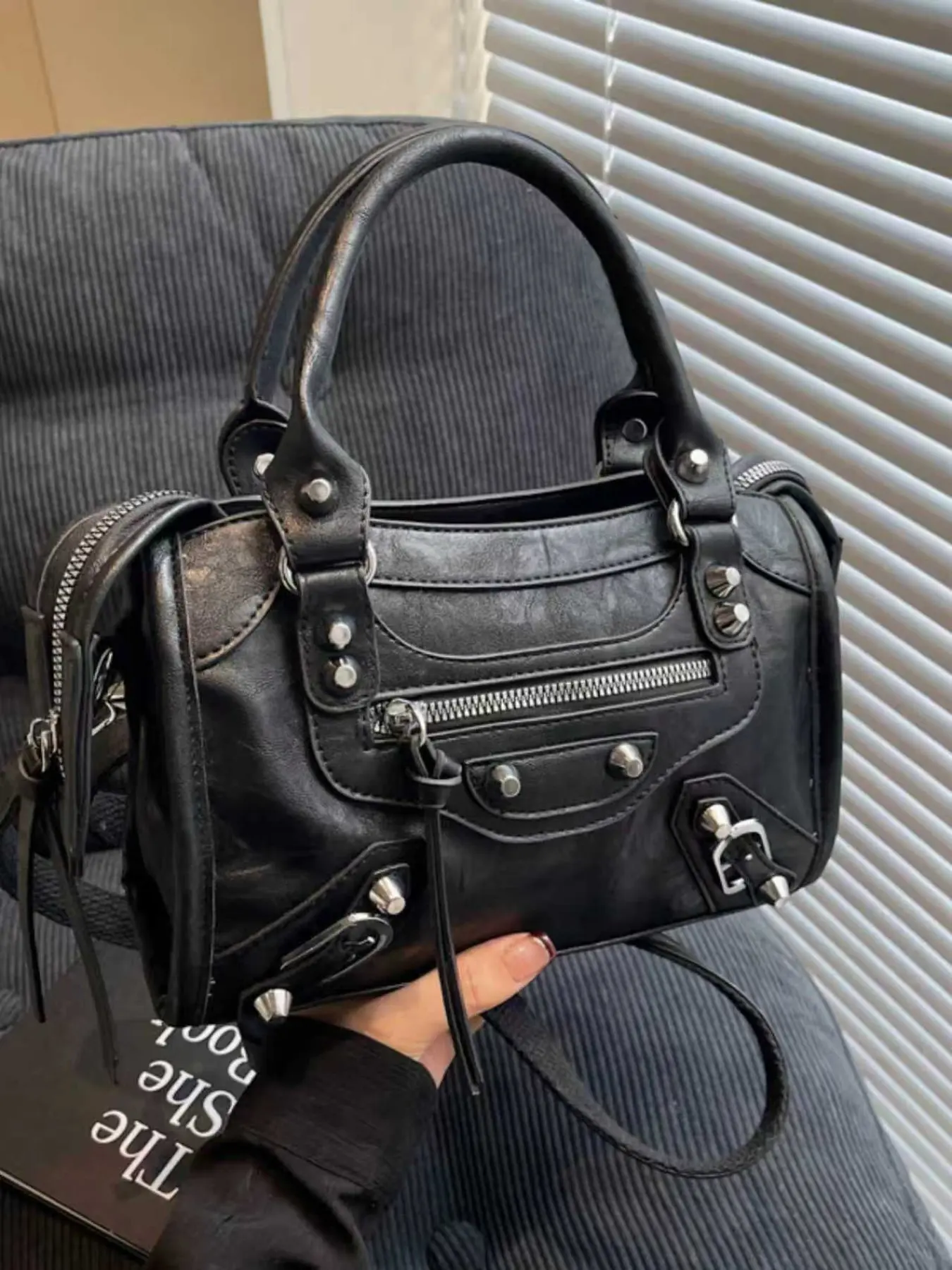 Vintage Rivet Motorcycle Bag Women Mini Handbag, PU Leather Boston Bag, Adjustable Strap Bag, Plain Design, All Seasons, Crossbody Shoulder Bag
